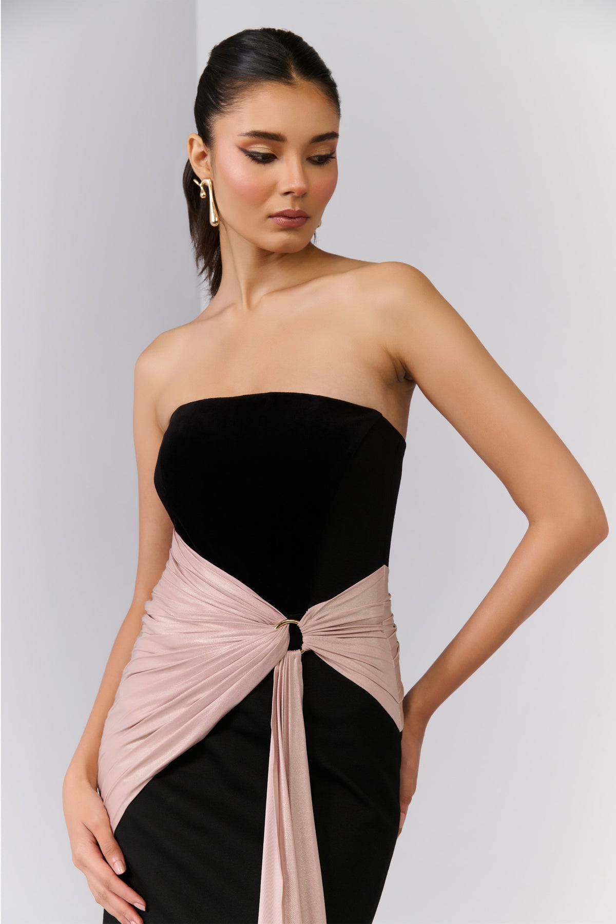 Black Corset Dress with Contrast Drape