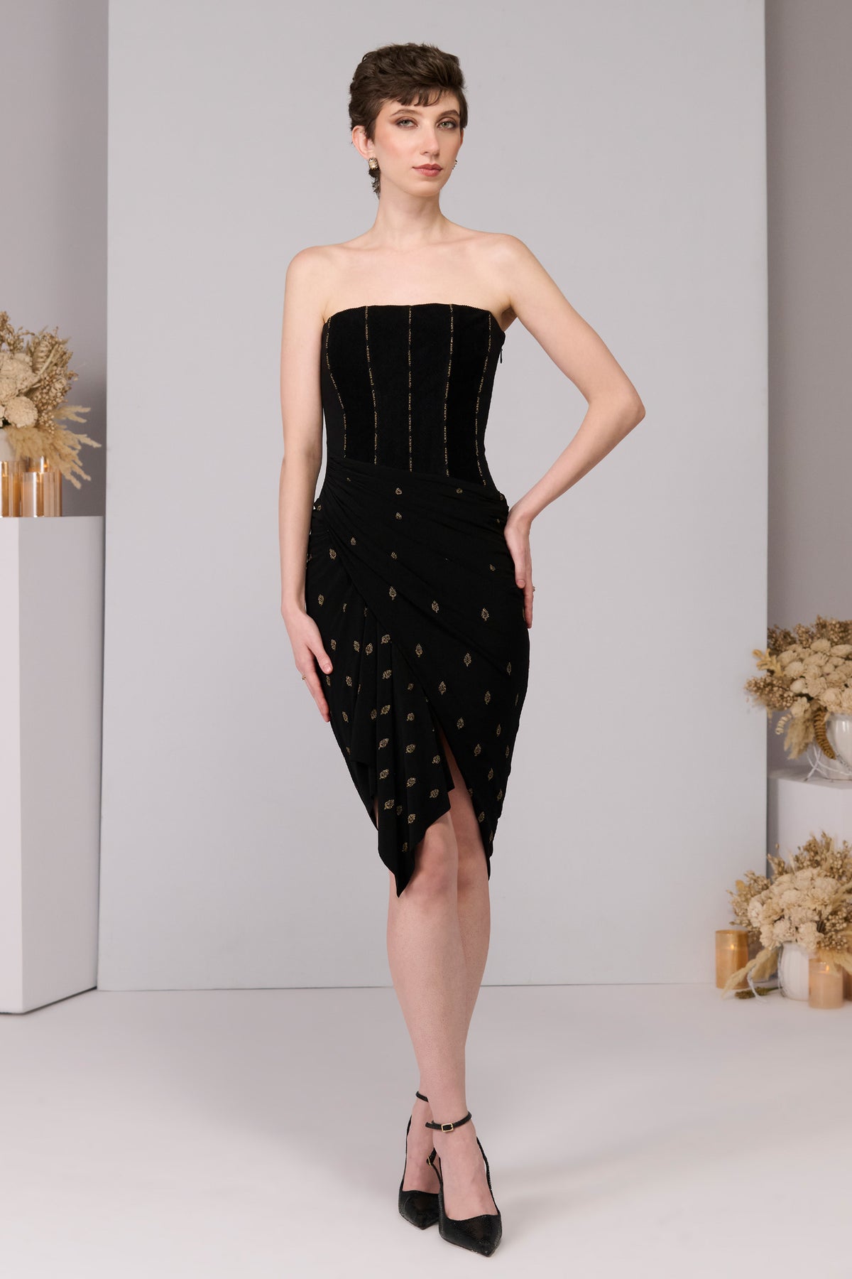 Black Corset Adamas Printed Dress