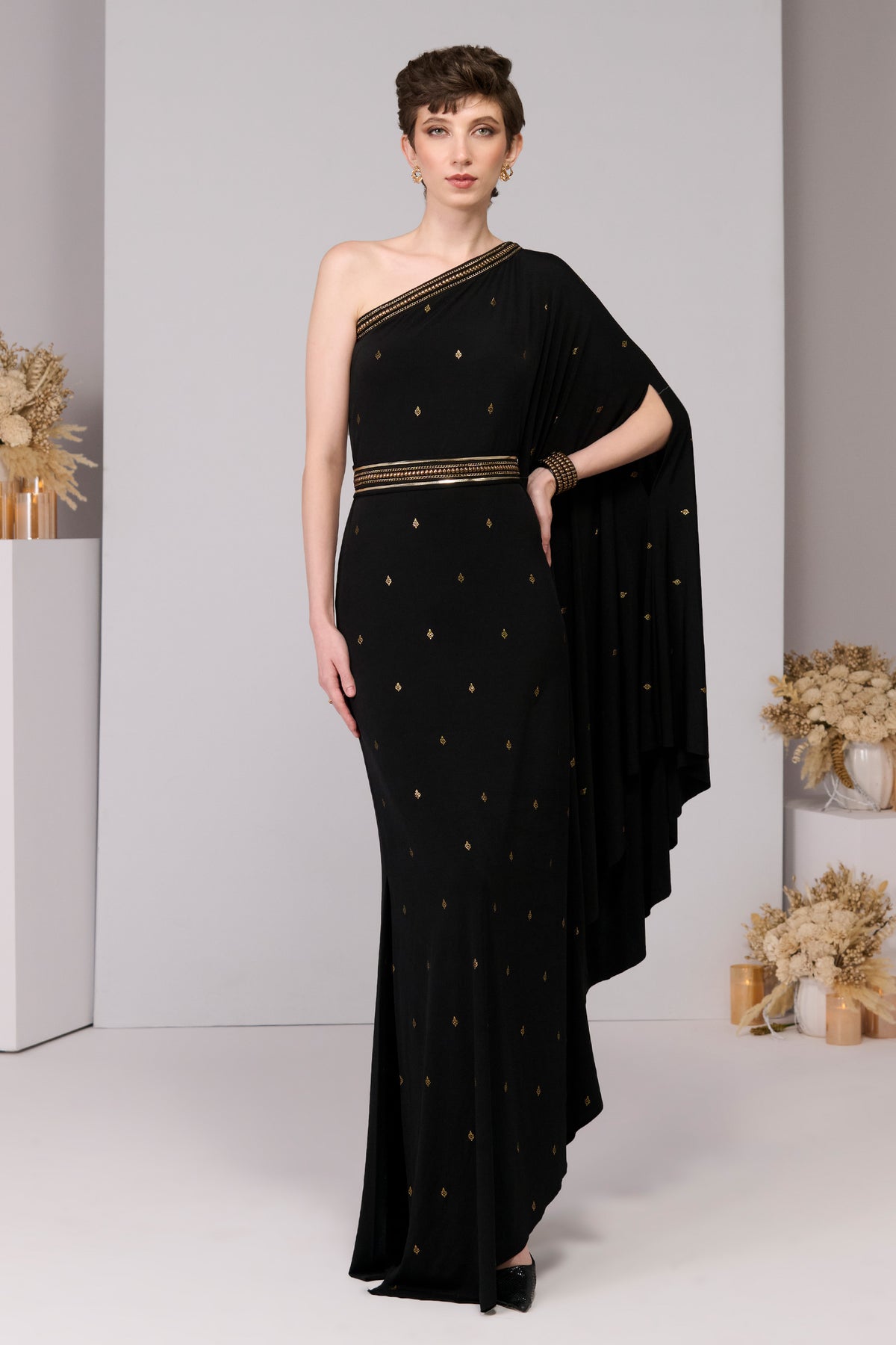 Black Adamas Printed One-Shoulder Dress