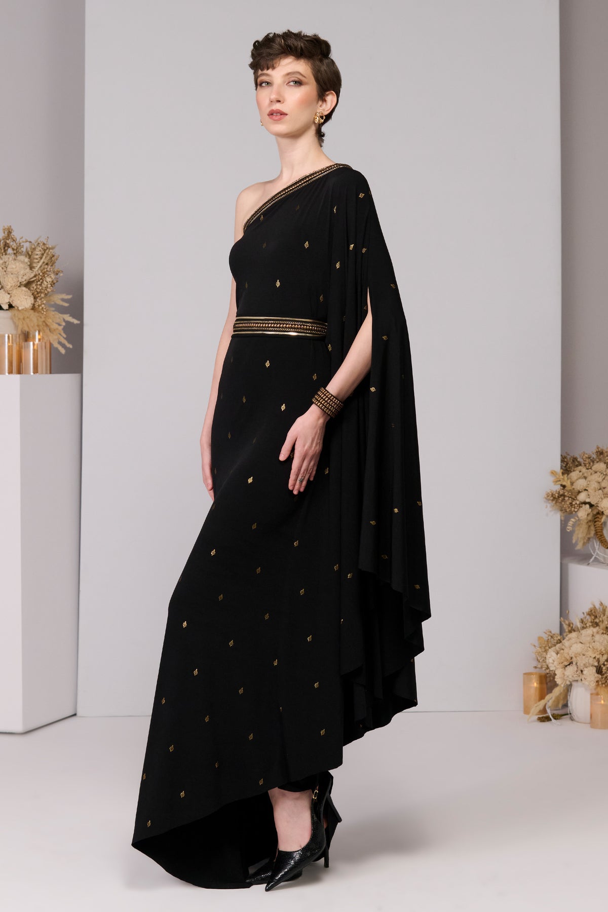 Black Adamas Printed One-Shoulder Dress