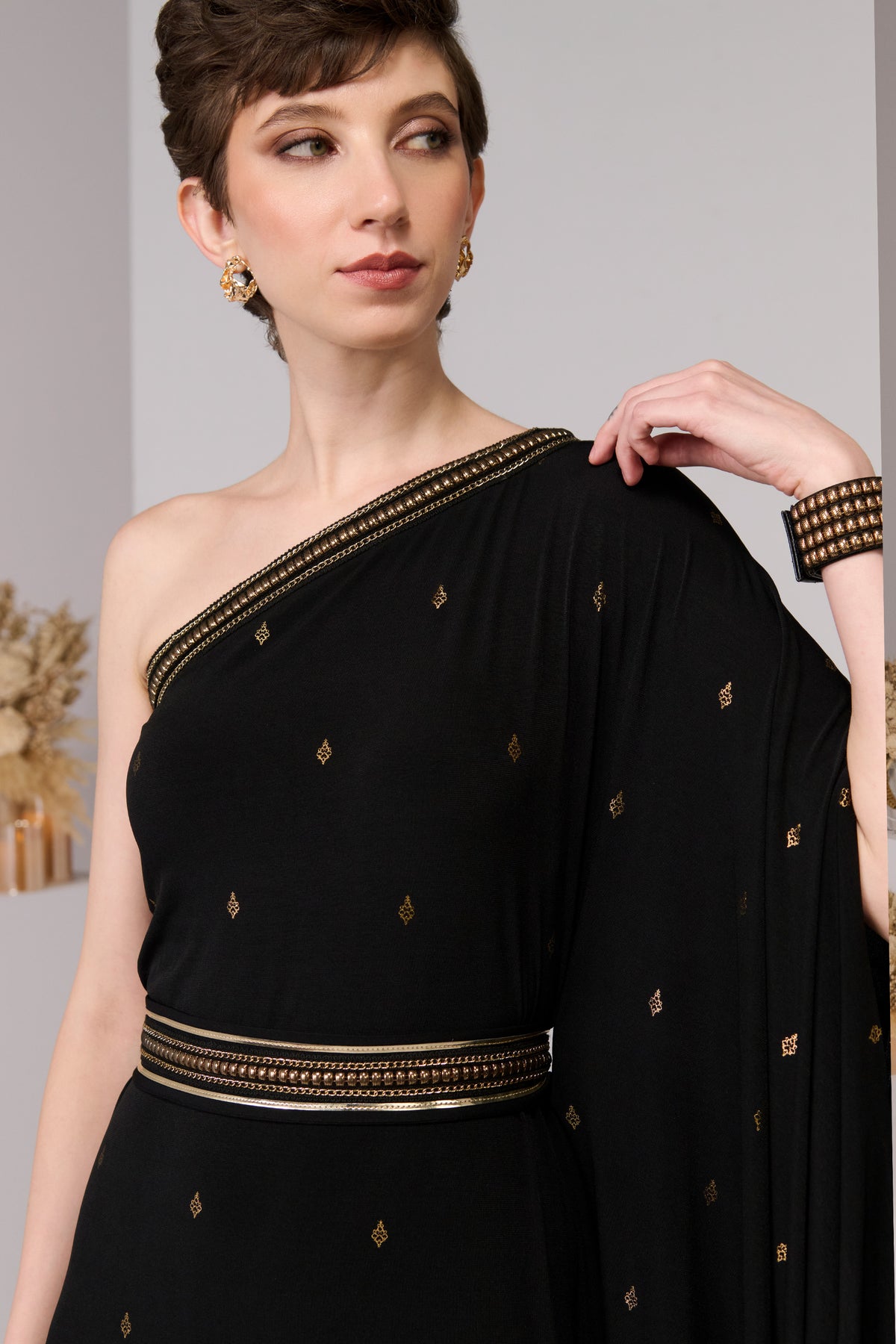Black Adamas Printed One-Shoulder Dress