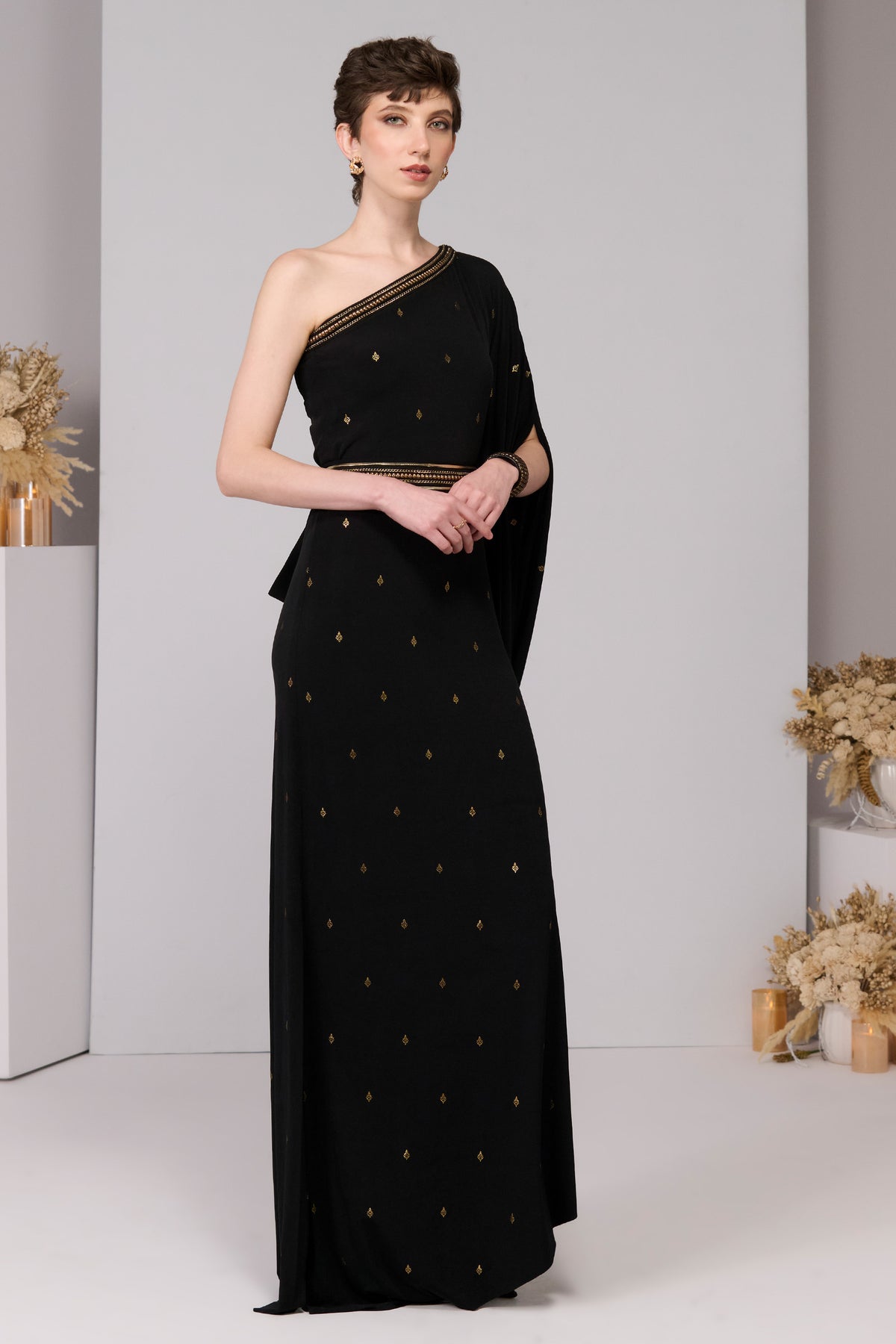 Black Adamas Printed One-Shoulder Dress