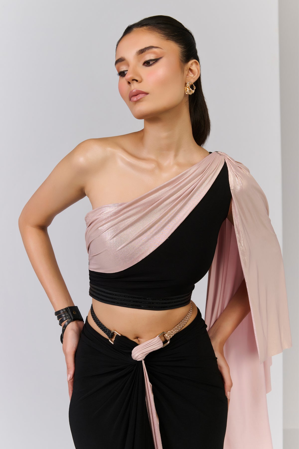 Black Crop Top with Colourblock Drape Sleeve