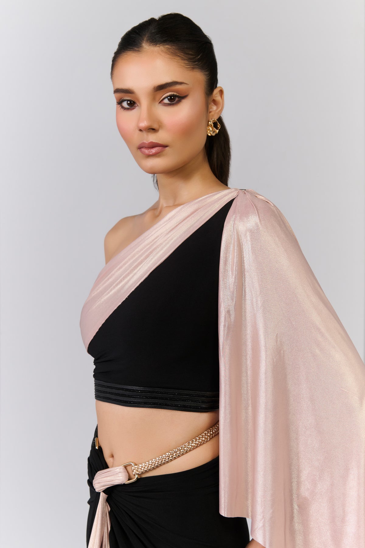 Black Crop Top with Colourblock Drape Sleeve