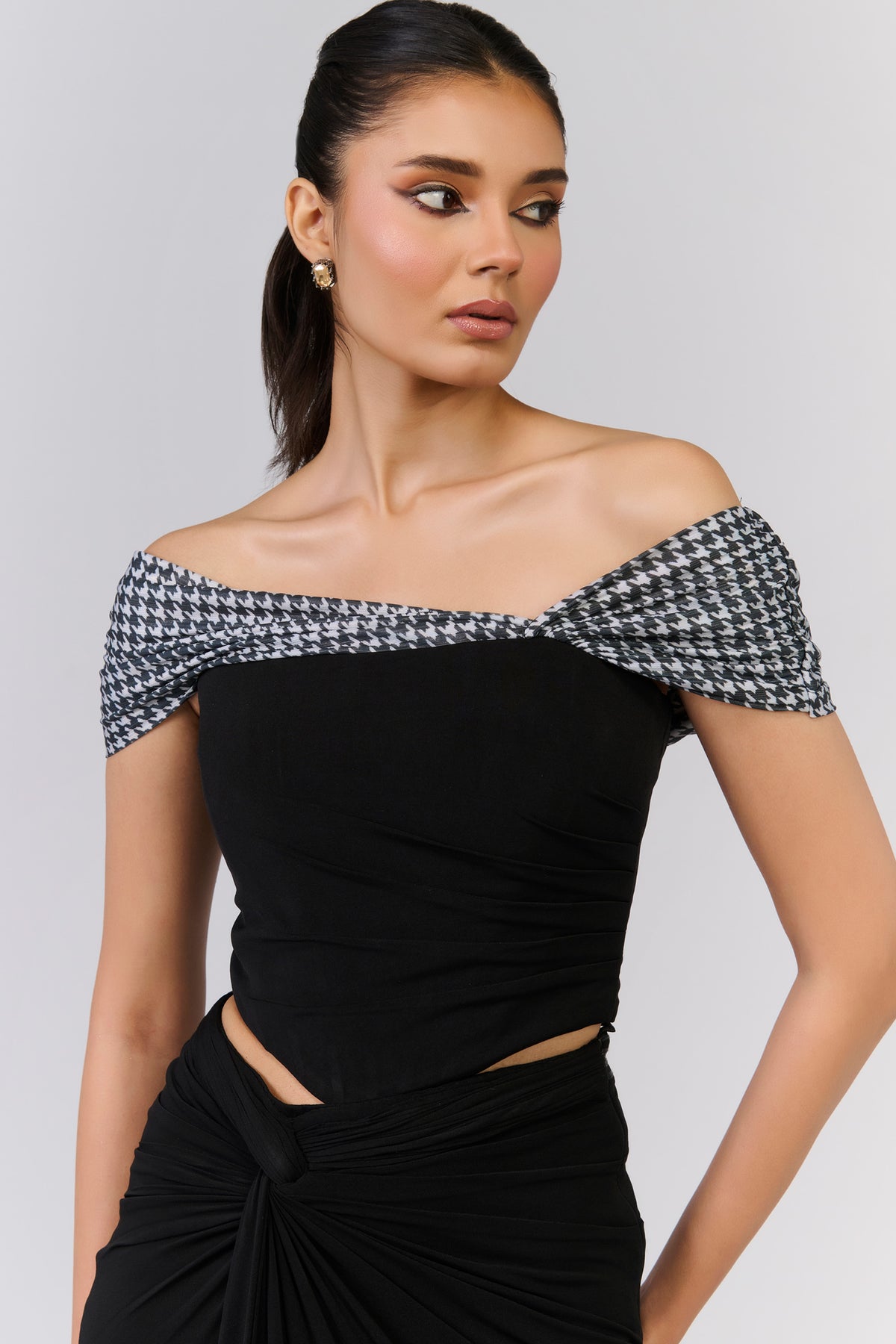 Black Crop Top with Contrast Drape Sleeve