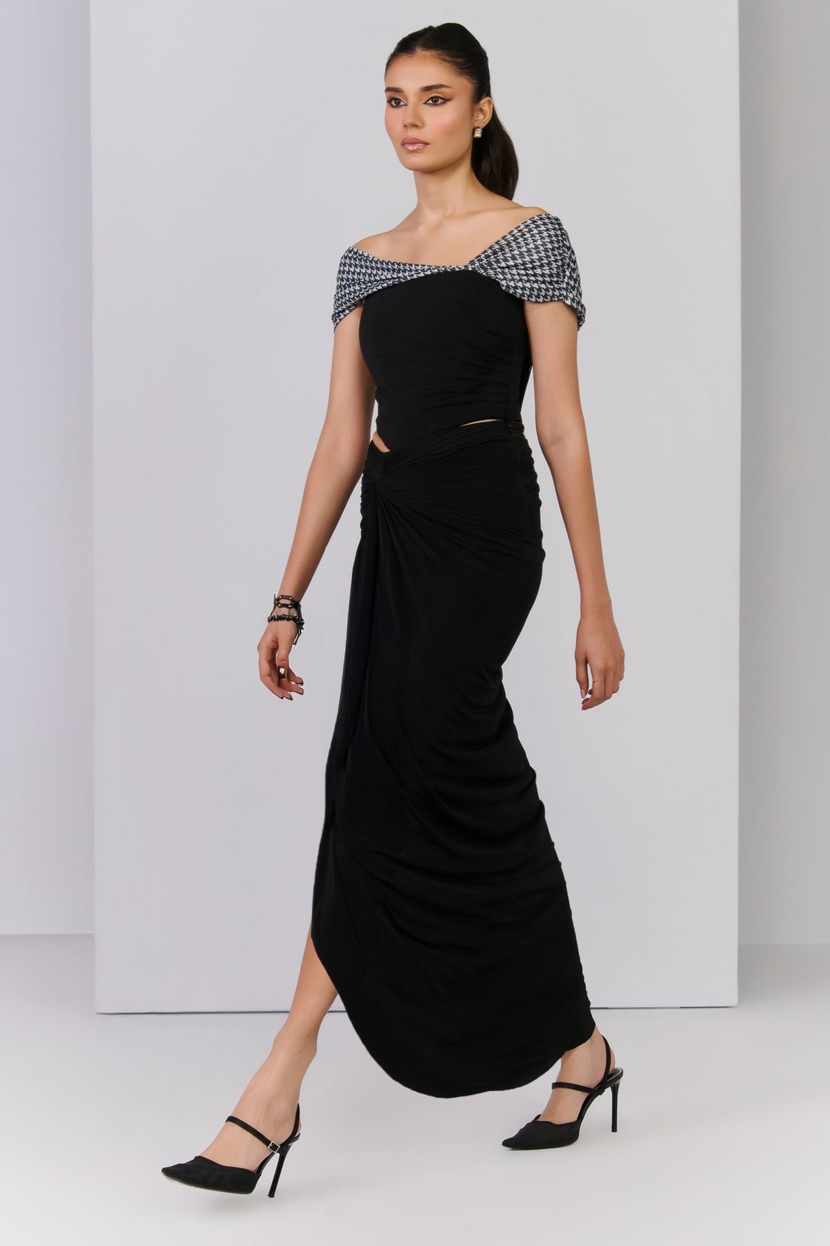 Black Crop Top with Contrast Drape Sleeve