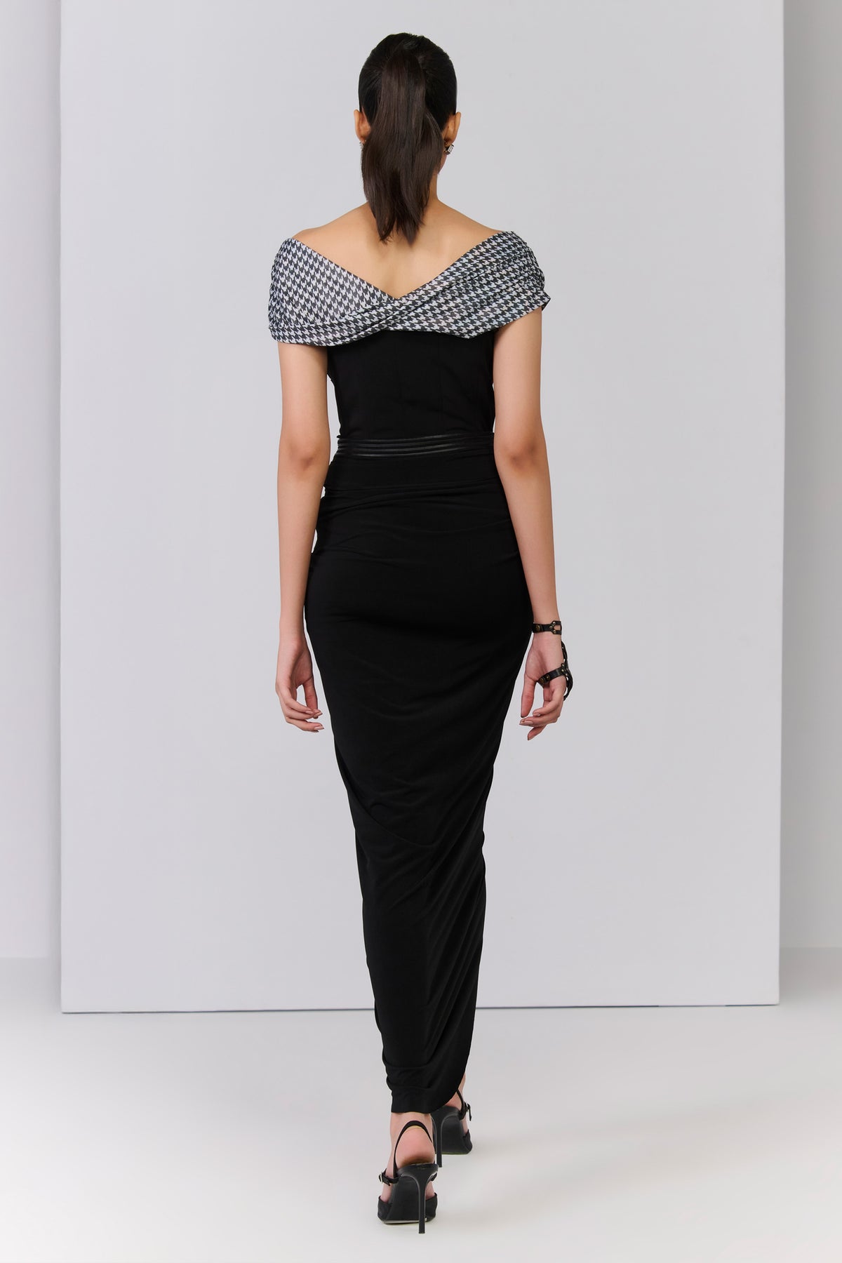 Black Crop Top with Contrast Drape Sleeve