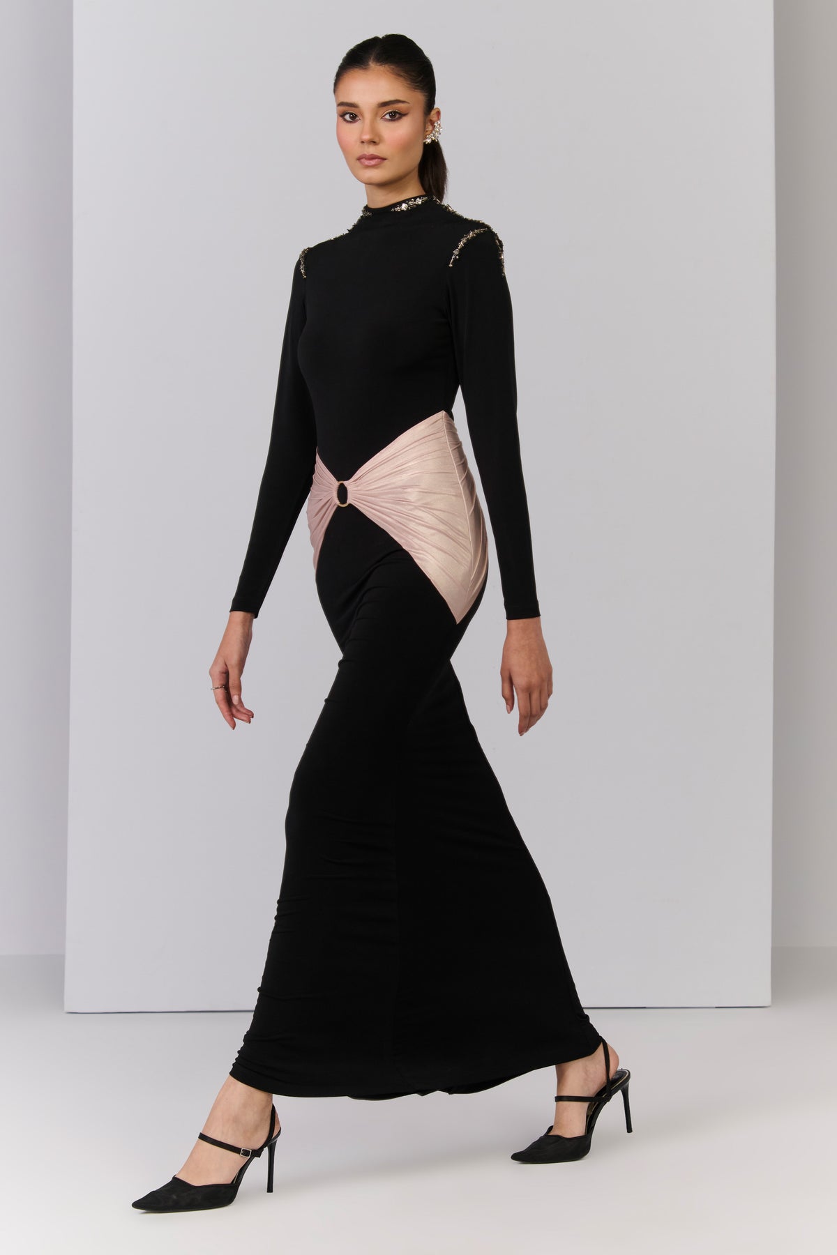Draped Black Saree Gown with Metallic Hoop Detail