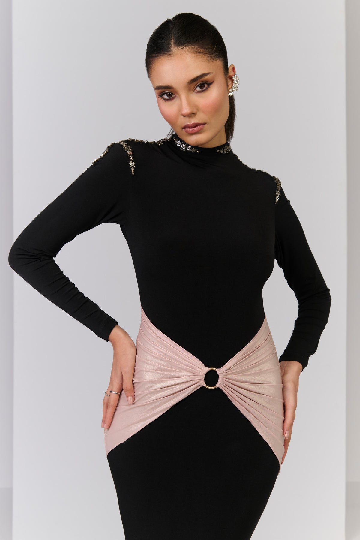 Draped Black Saree Gown with Metallic Hoop Detail
