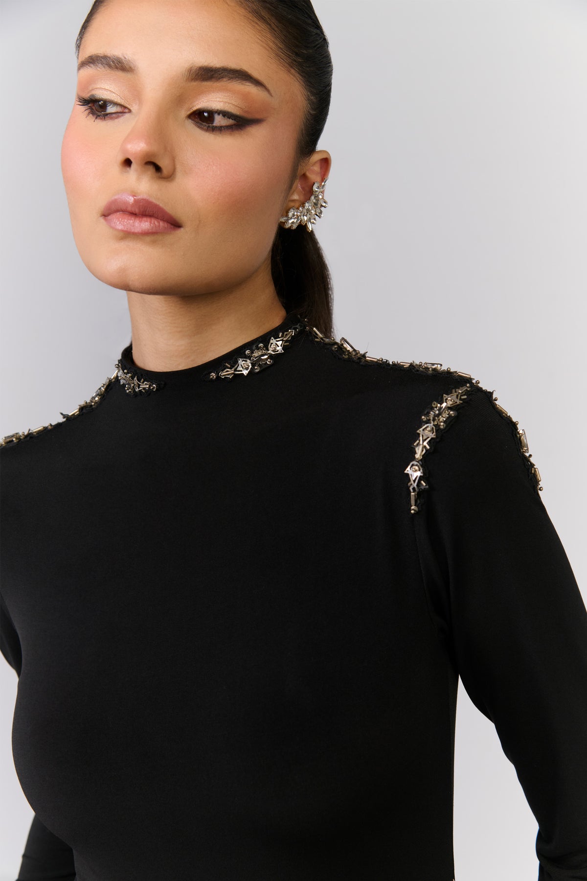 Draped Black Saree Gown with Metallic Hoop Detail