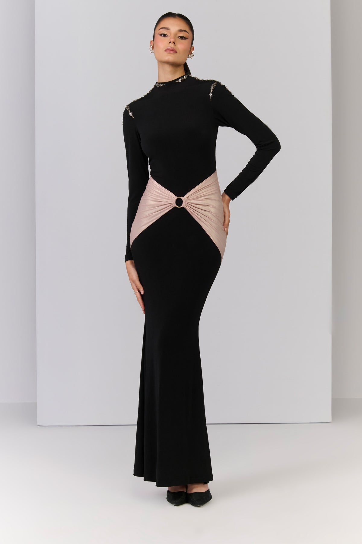 Draped Black Saree Gown with Metallic Hoop Detail