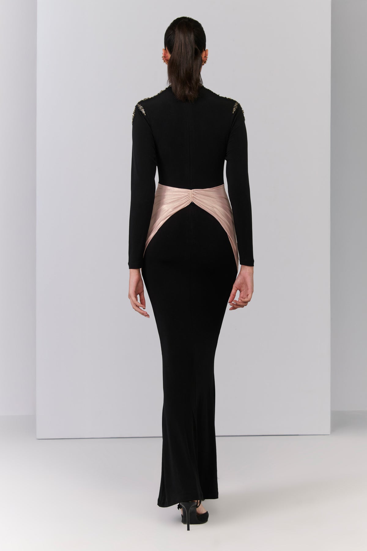 Draped Black Saree Gown with Metallic Hoop Detail