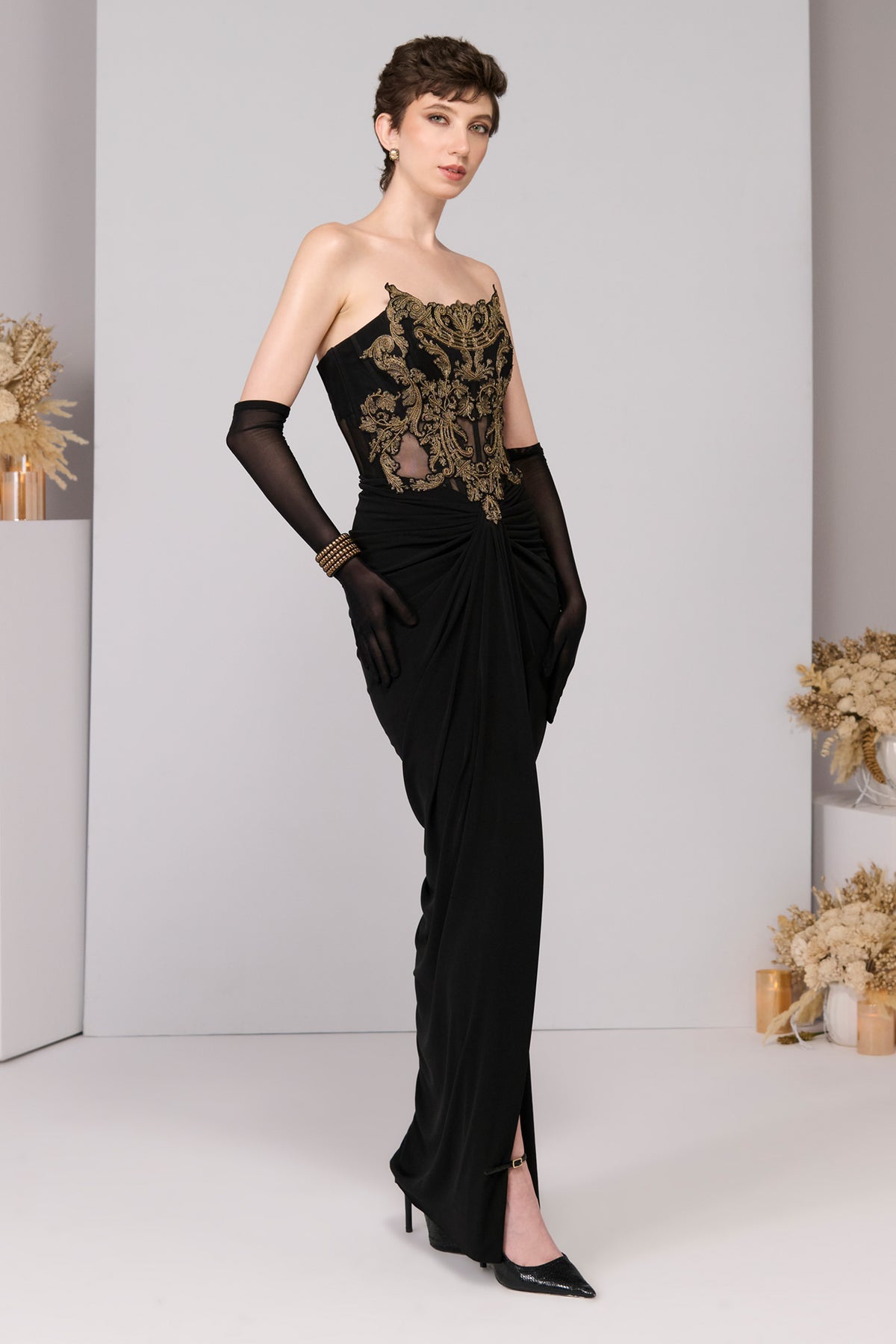 Black Applique Corset Gown