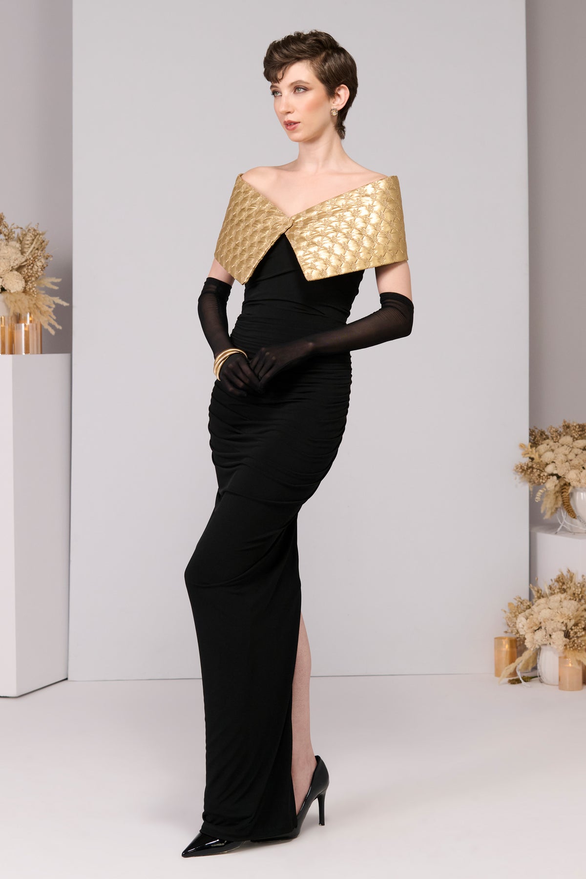 Black Gold Quilted Gown