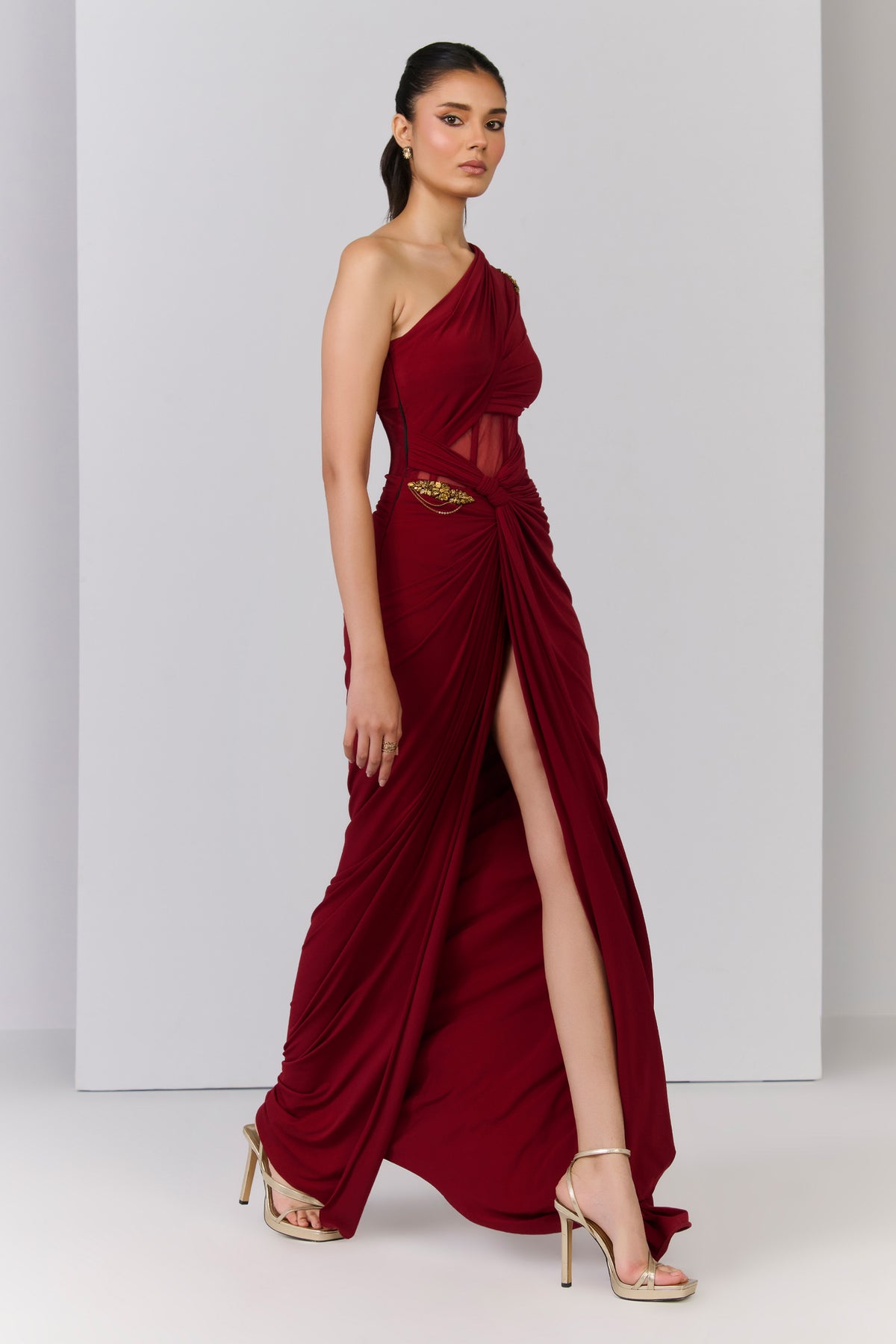 One Shoulder Corset Mesh Gown