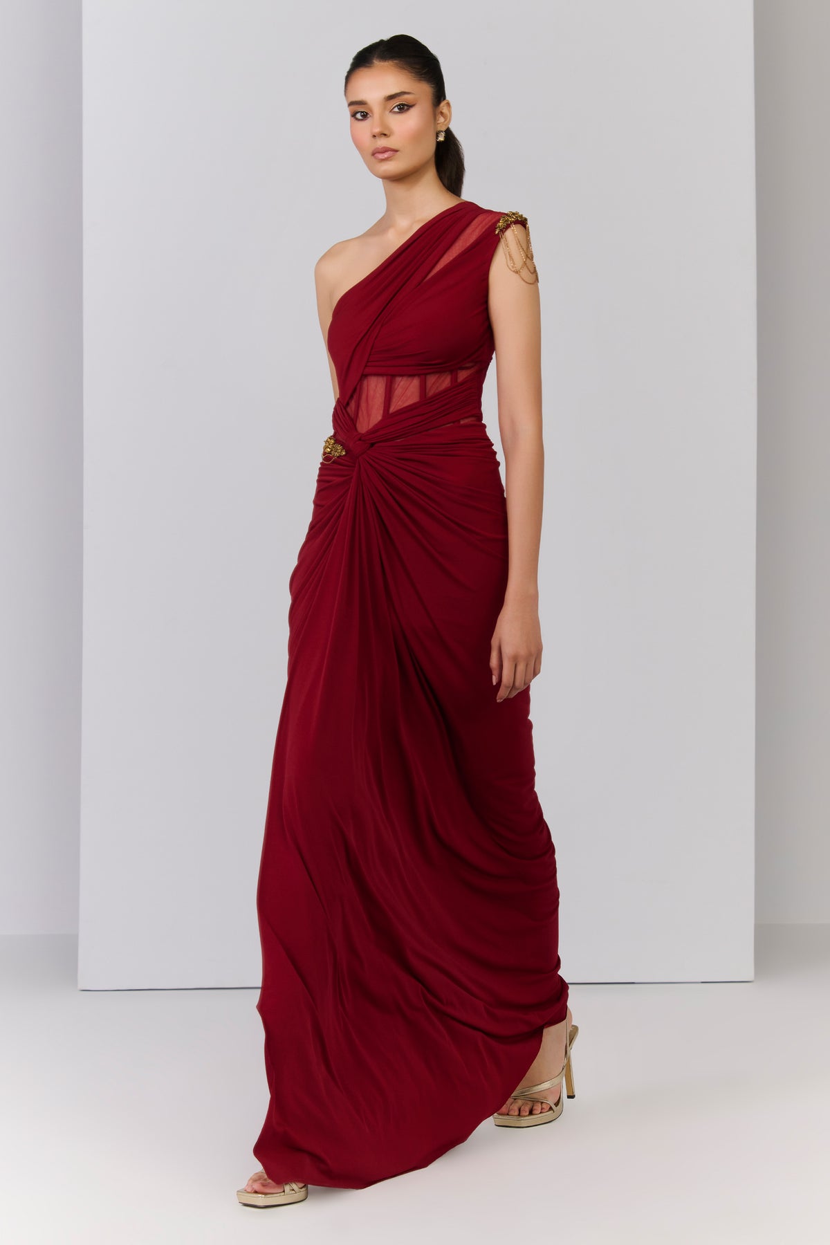 One Shoulder Corset Mesh Gown