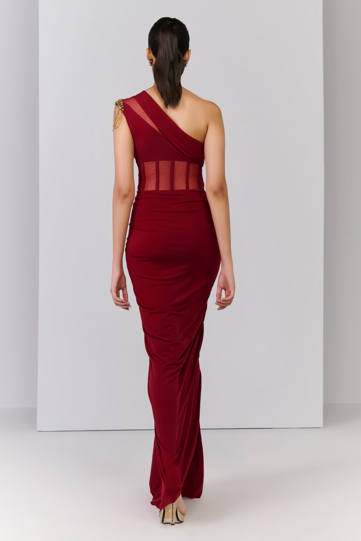 One Shoulder Corset Mesh Gown
