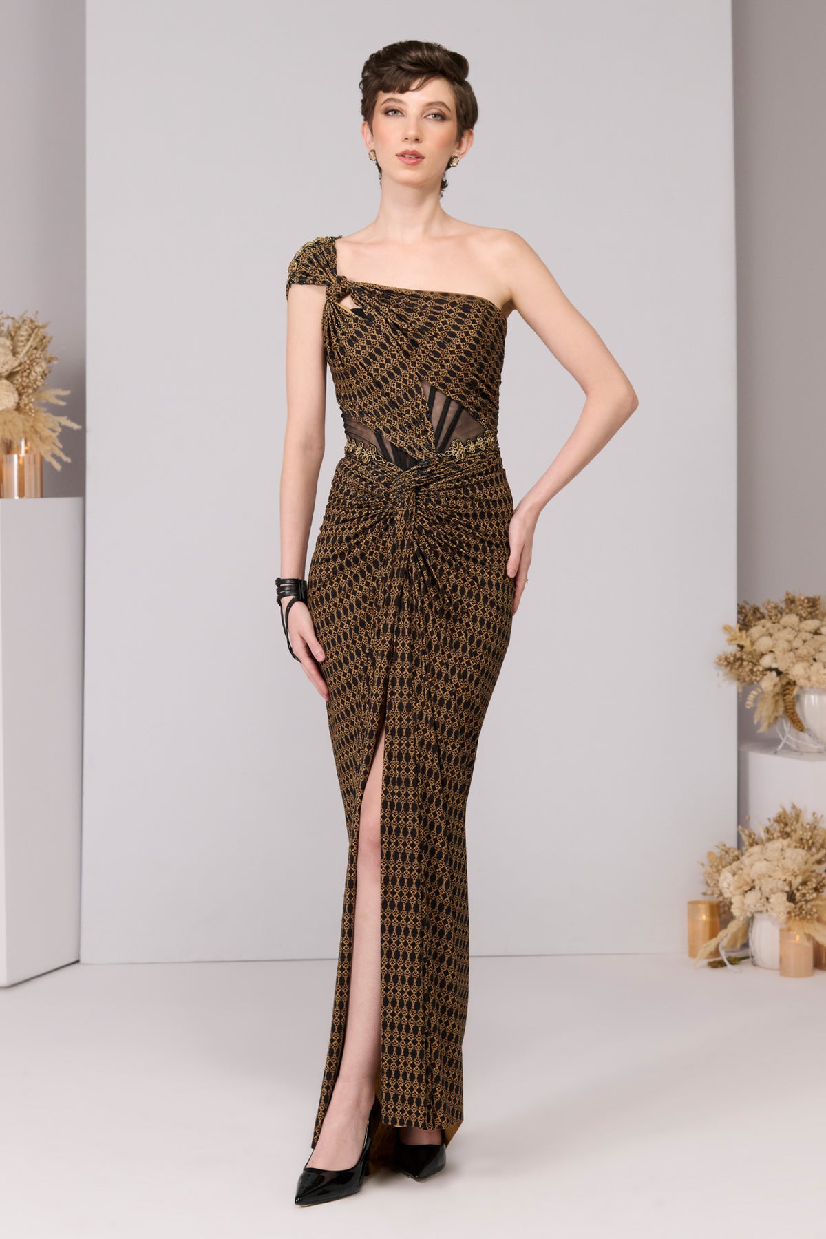 Adamas Printed One-Shoulder Gown