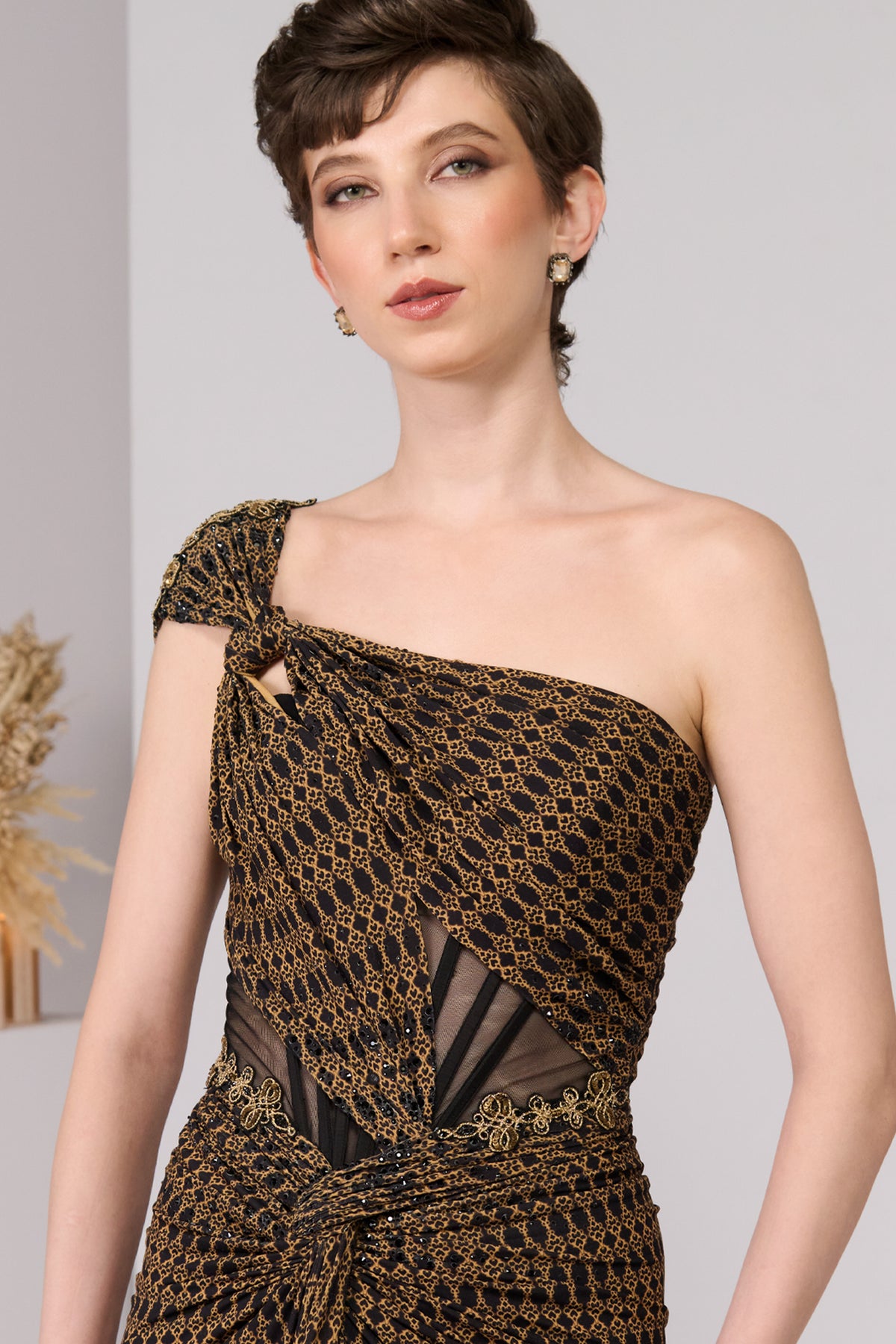Adamas Printed One-Shoulder Gown