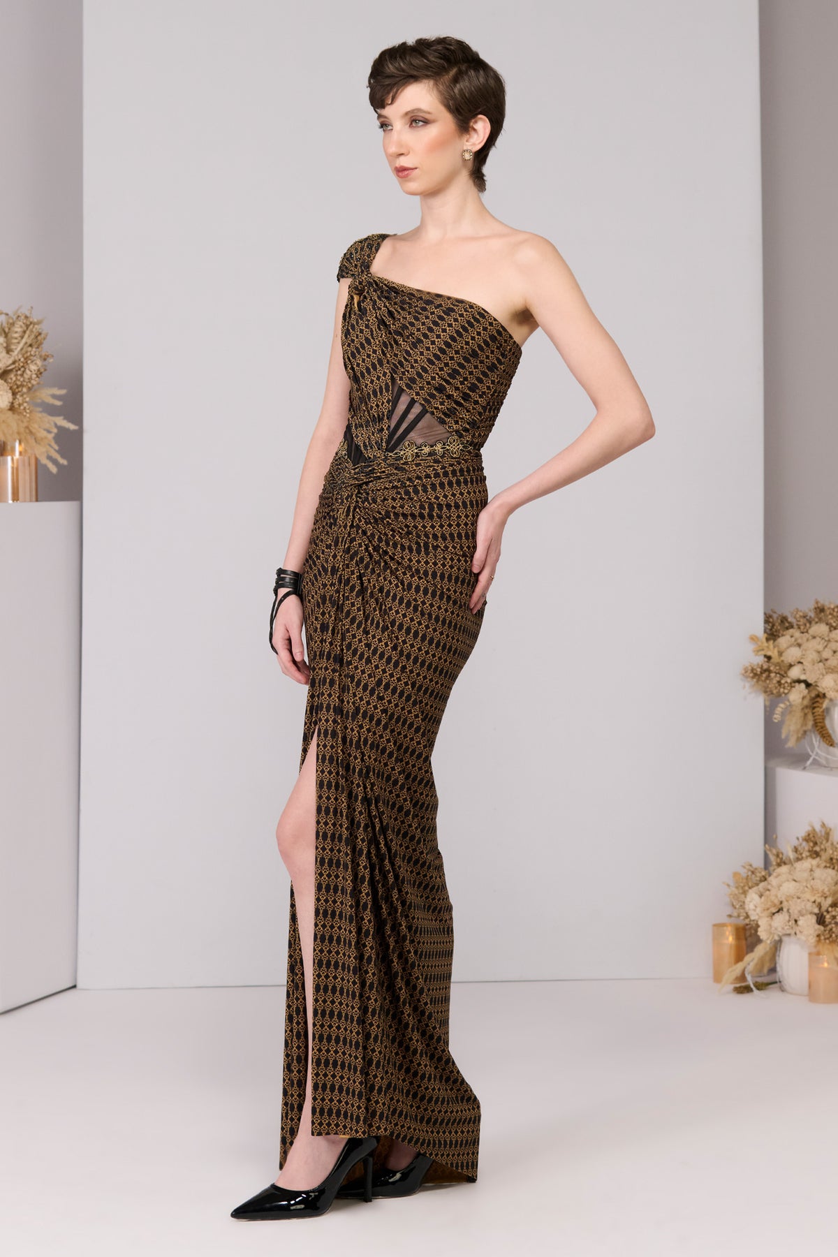 Adamas Printed One-Shoulder Gown