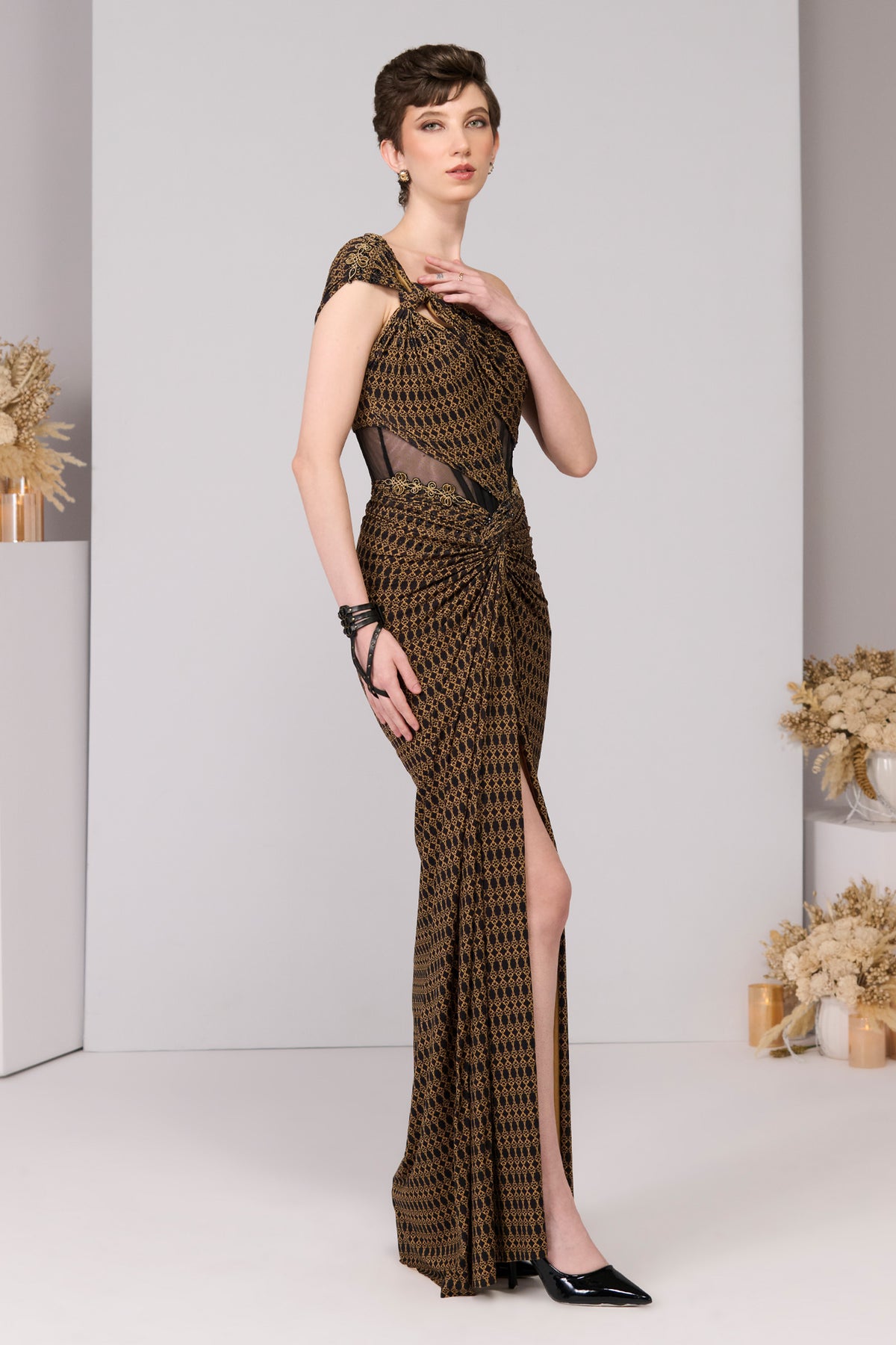 Adamas Printed One-Shoulder Gown