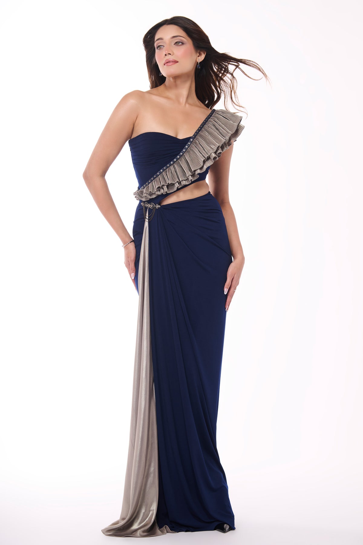 Emerald One-Shoulder Ruffle Drape Gown