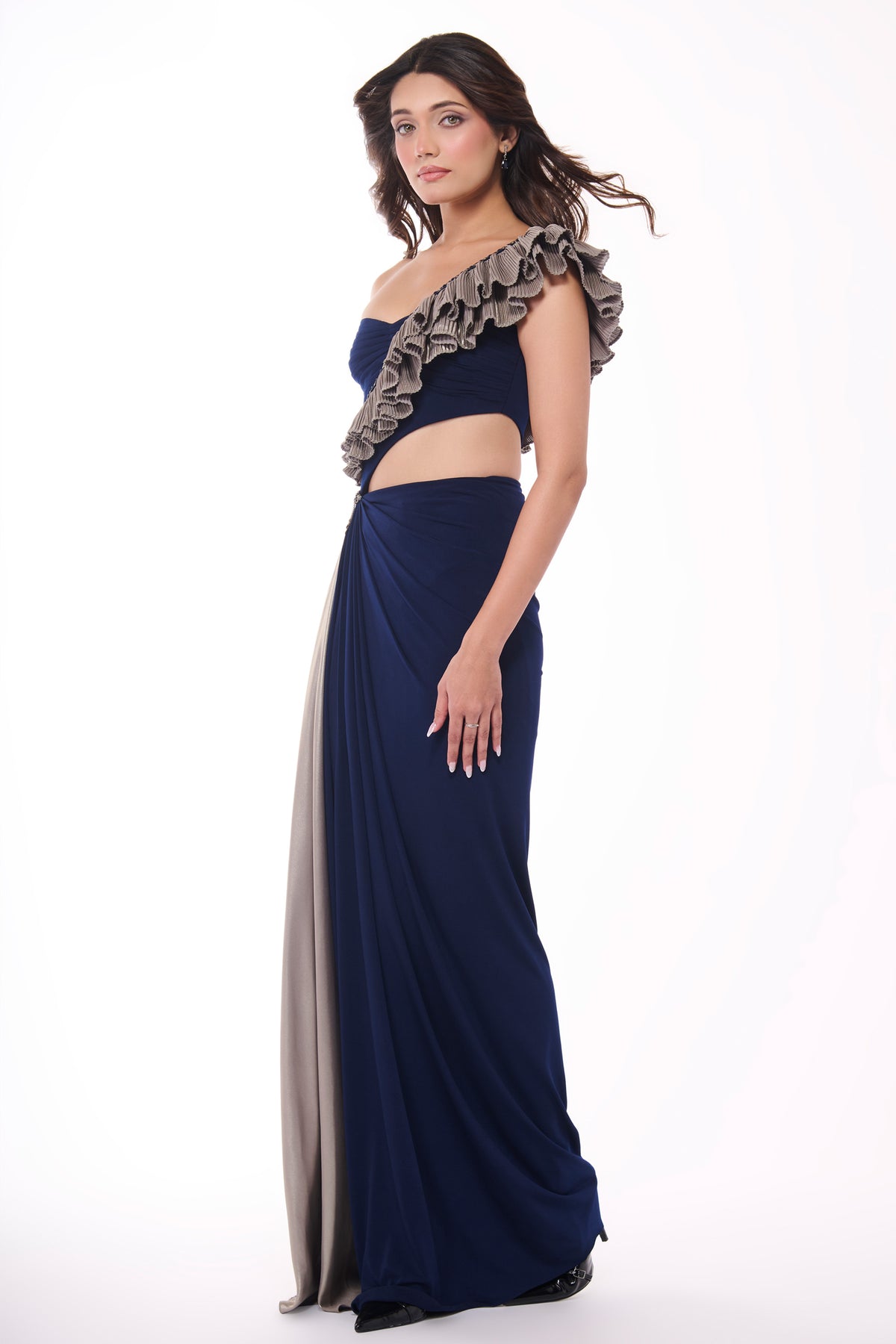 Emerald One-Shoulder Ruffle Drape Gown