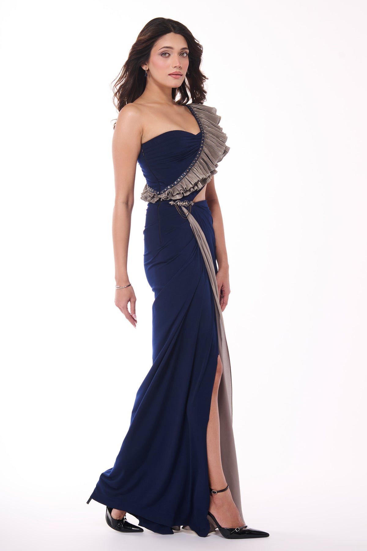 Emerald One-Shoulder Ruffle Drape Gown