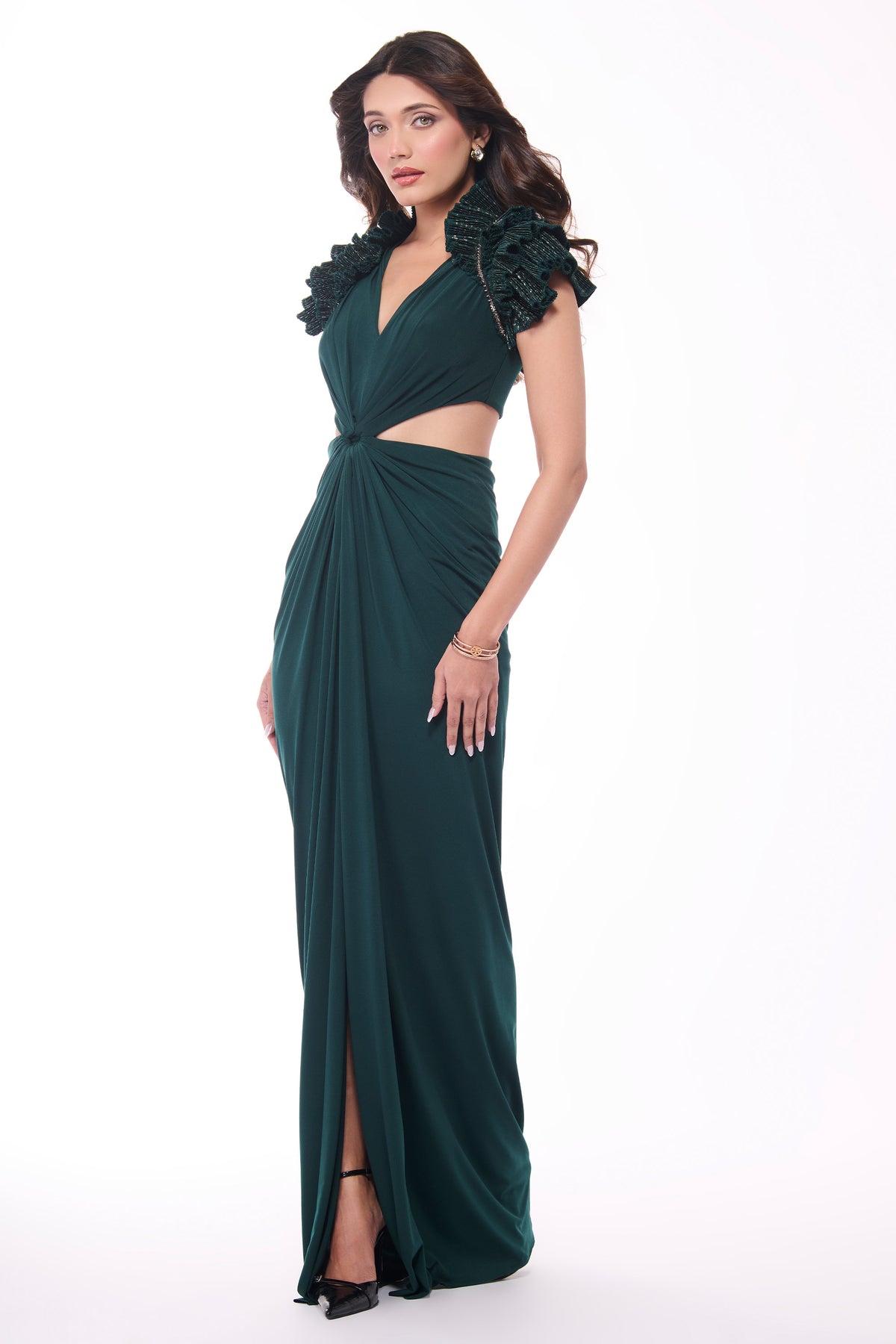 Emerald Ruffle Draped Gown with Waist Cut-Out
