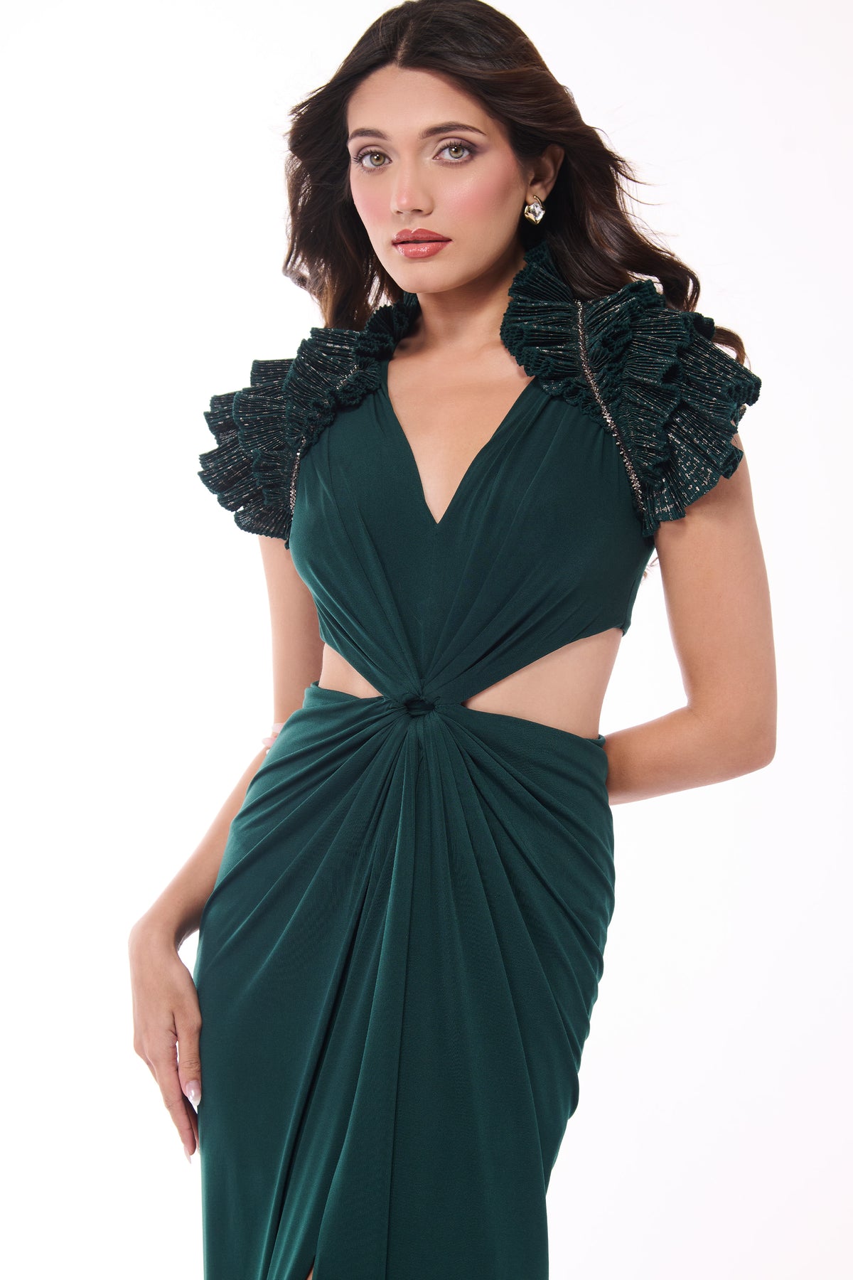 Emerald Ruffle Draped Gown with Waist Cut-Out