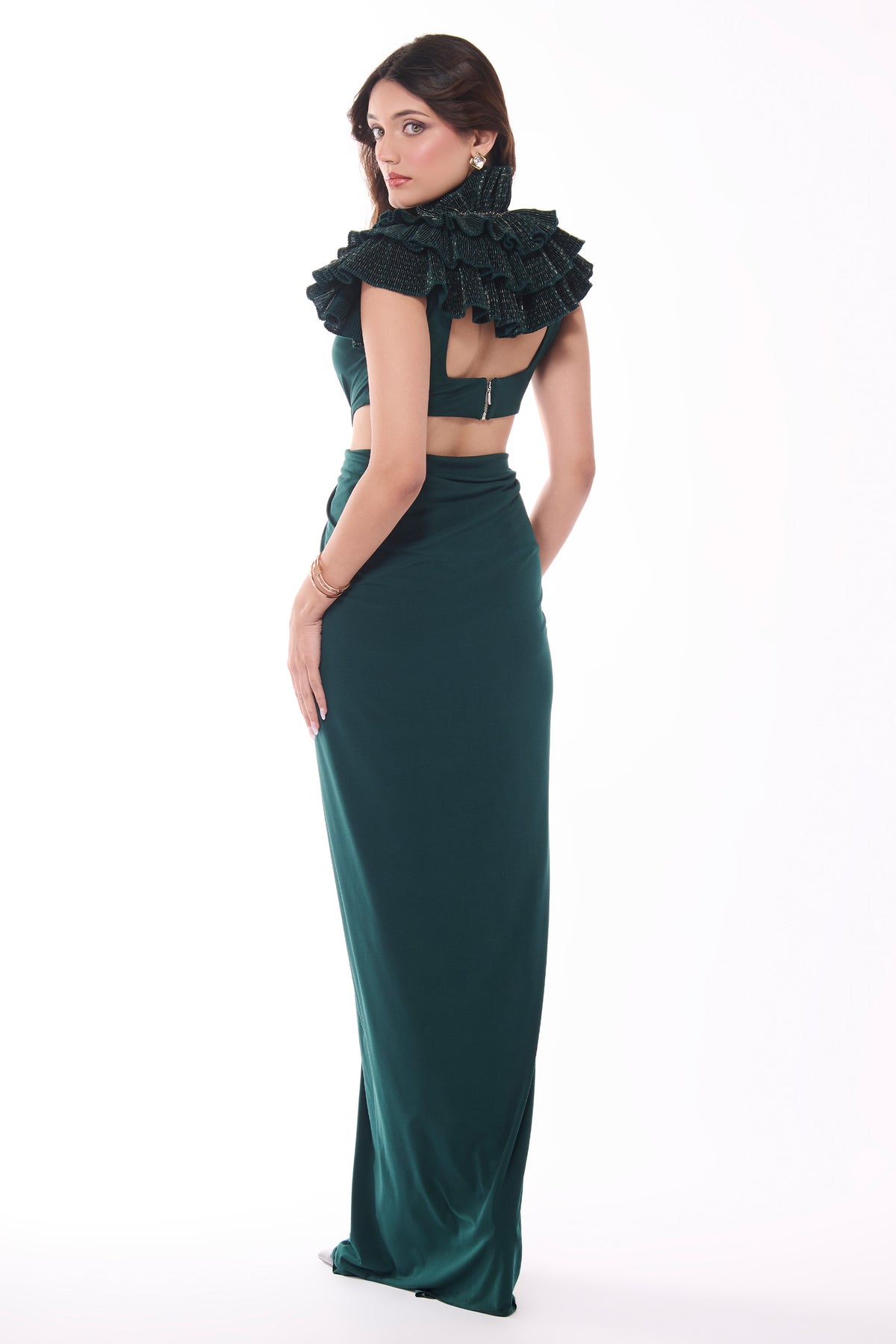 Emerald Ruffle Draped Gown with Waist Cut-Out