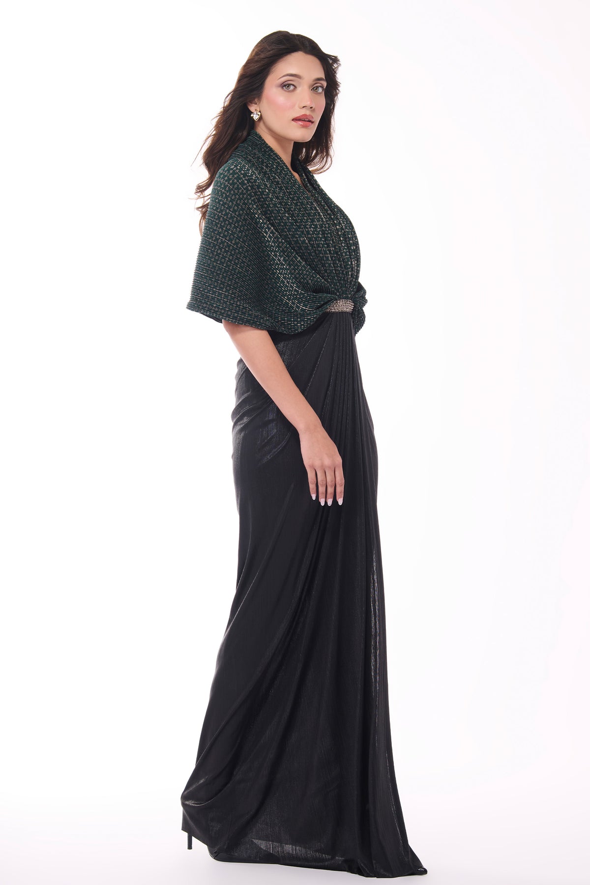 Emerald Printed Cape Saree Gown