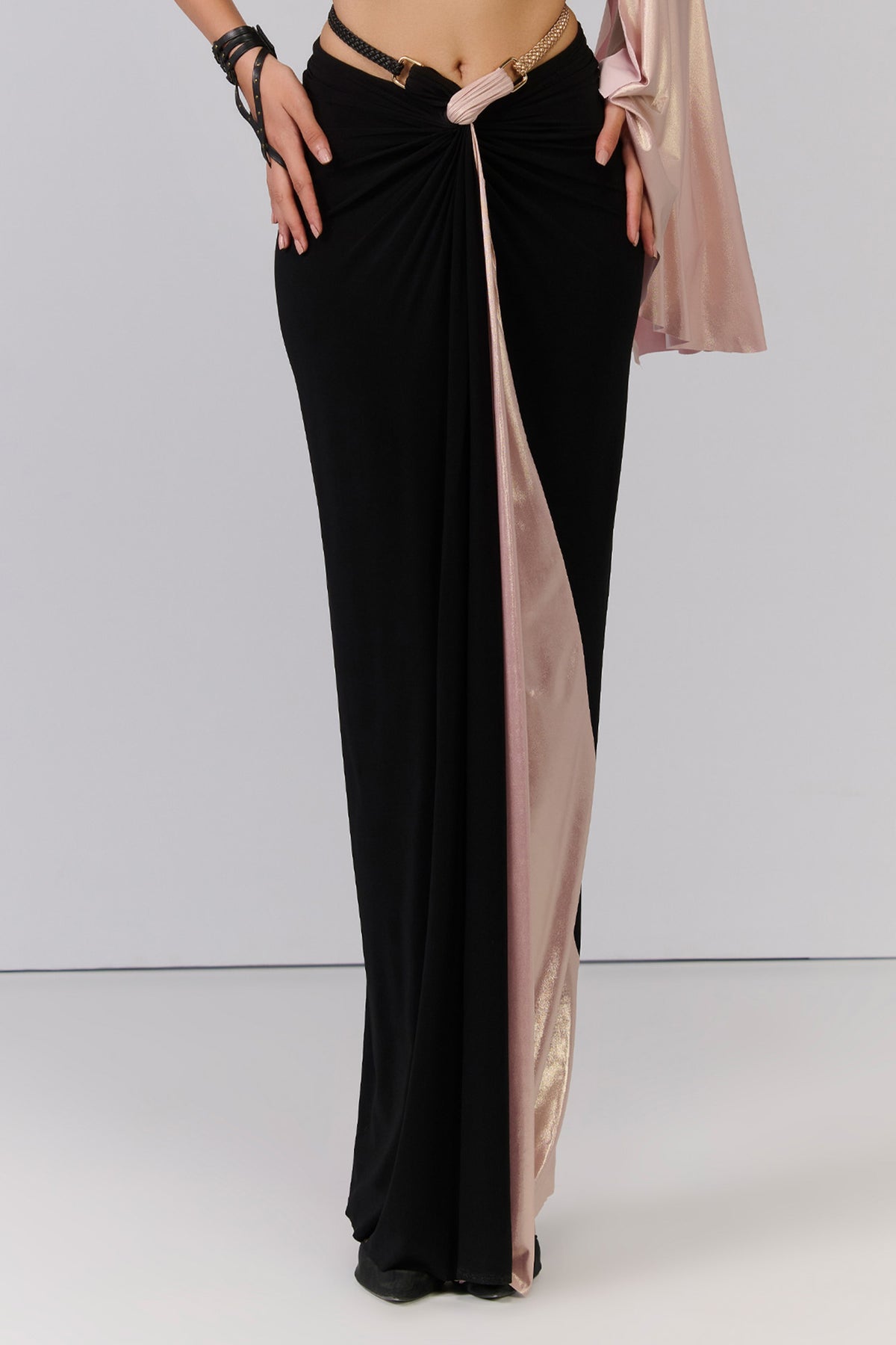 Twisted Drape Skirt in Black with Contrasting Panel
