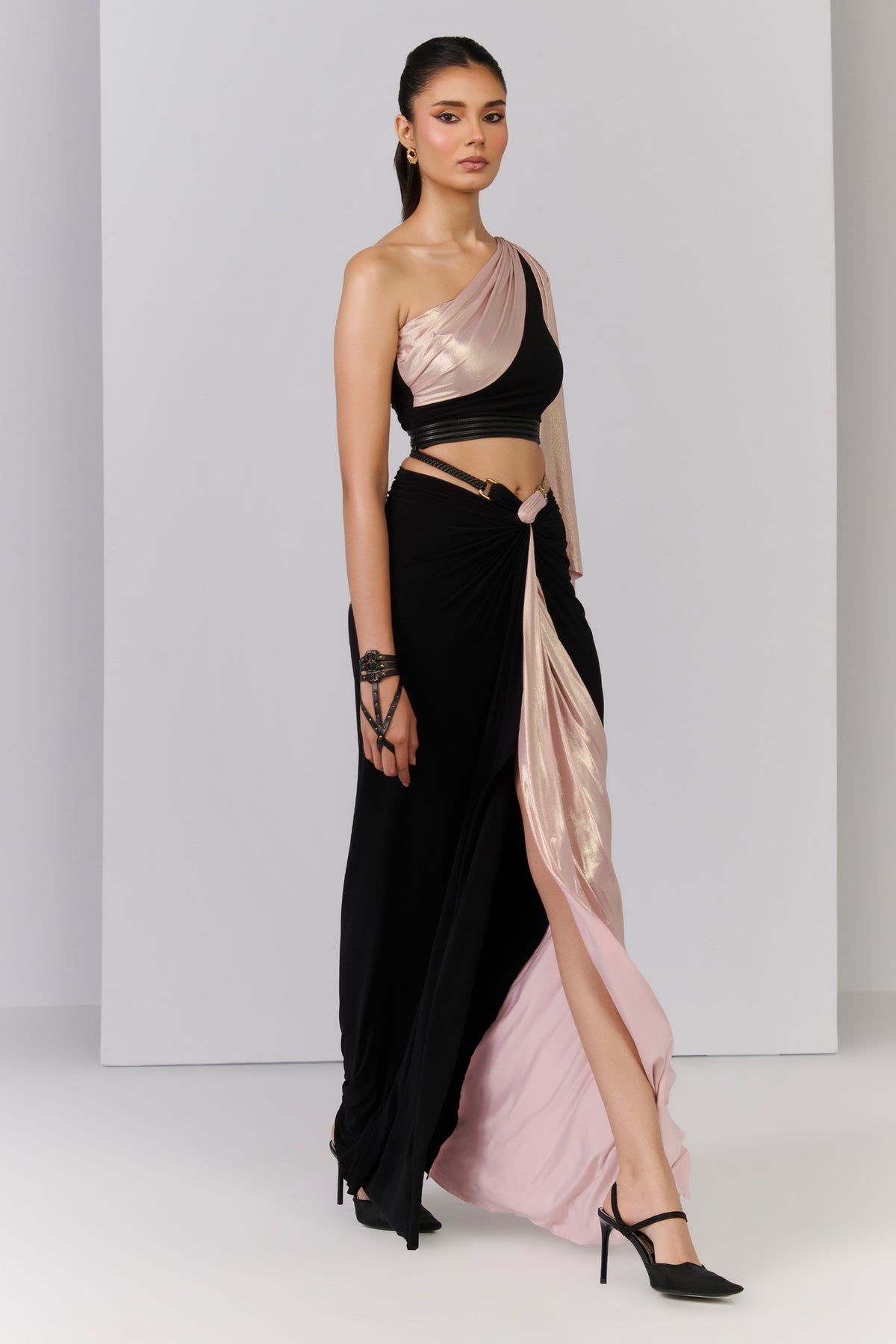 Twisted Drape Skirt in Black with Contrasting Panel