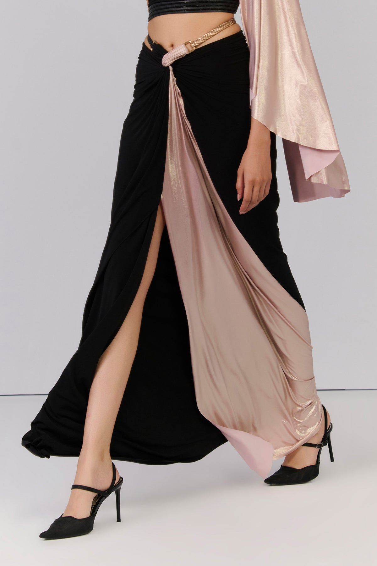 Twisted Drape Skirt in Black with Contrasting Panel