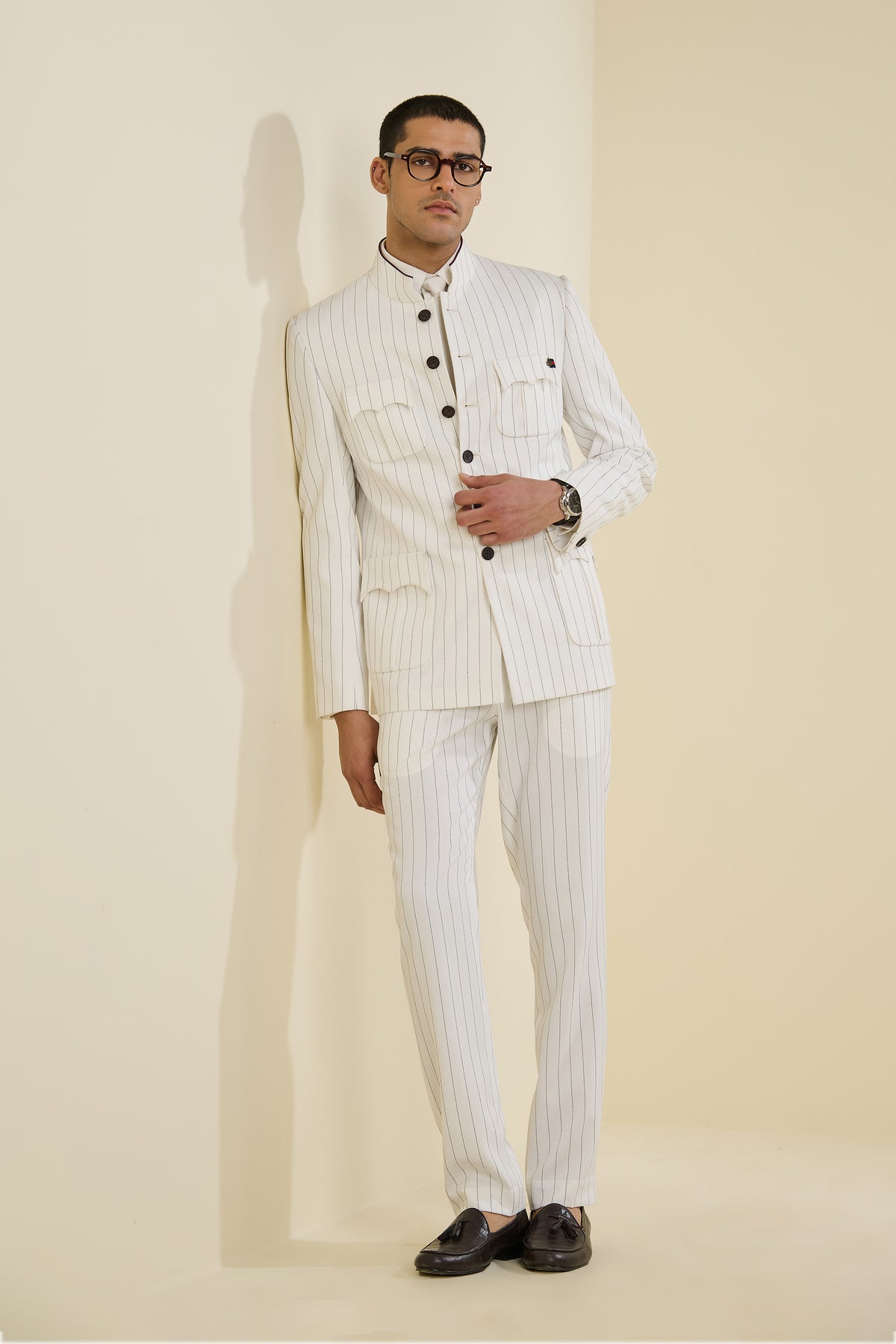Off White Pinstriped Bandhgala