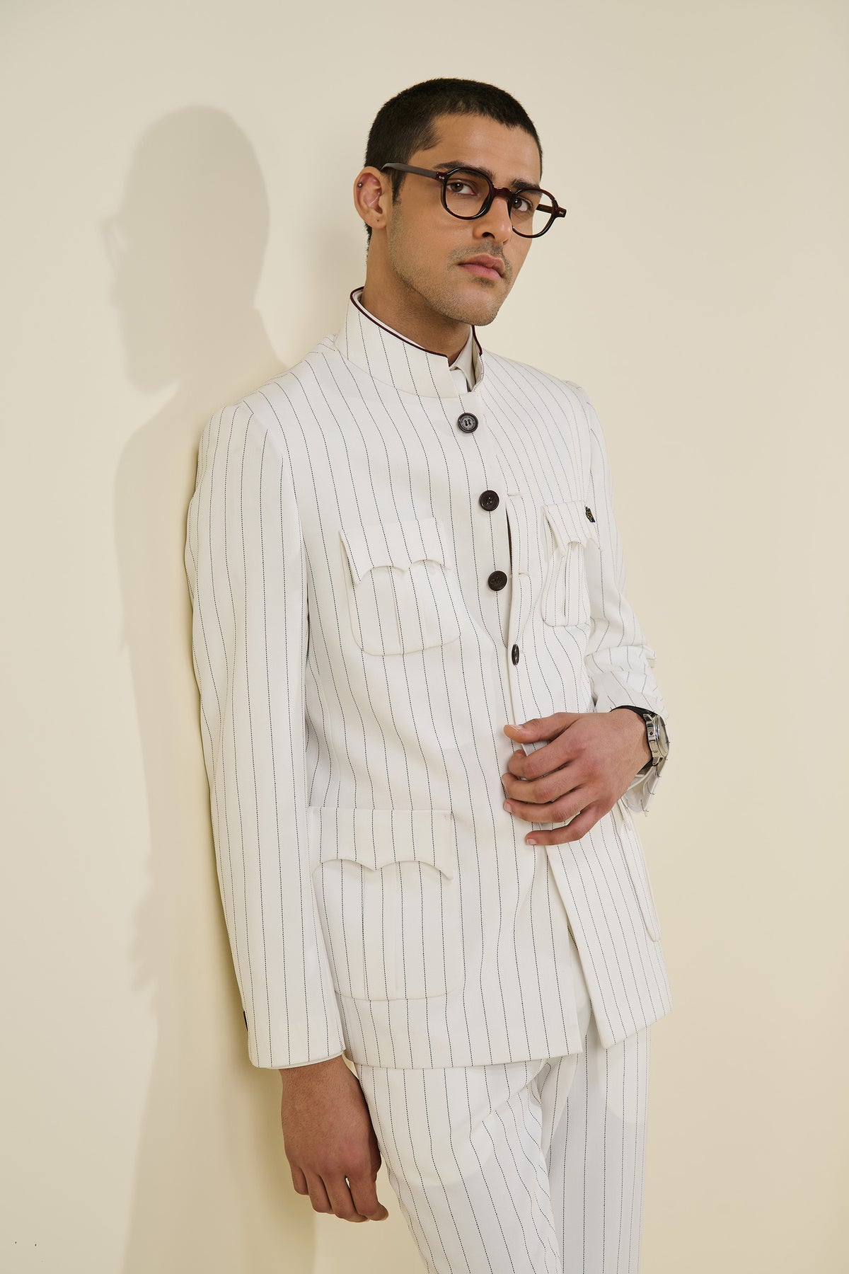 Off White Pinstriped Bandhgala
