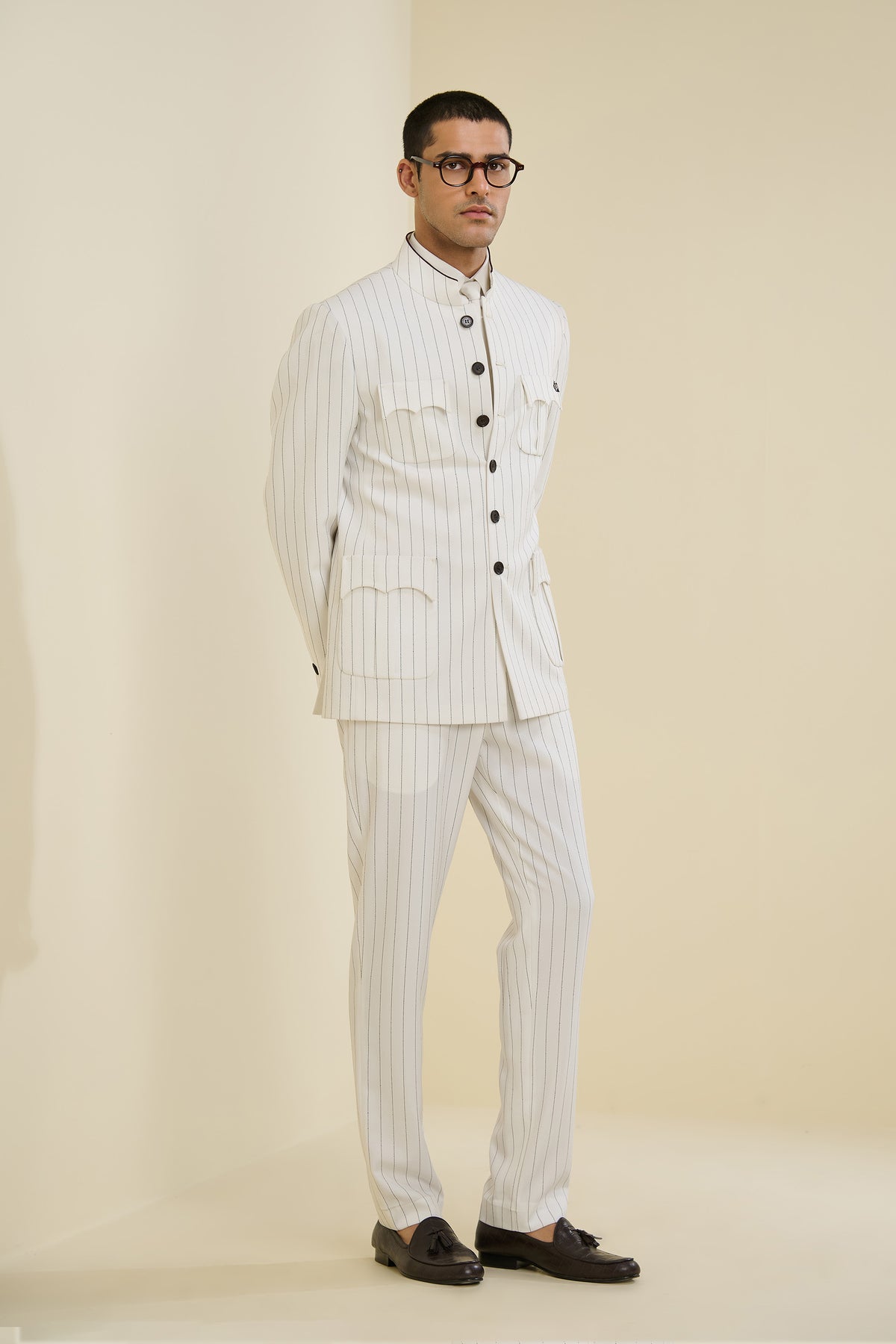Off White Pinstriped Bandhgala