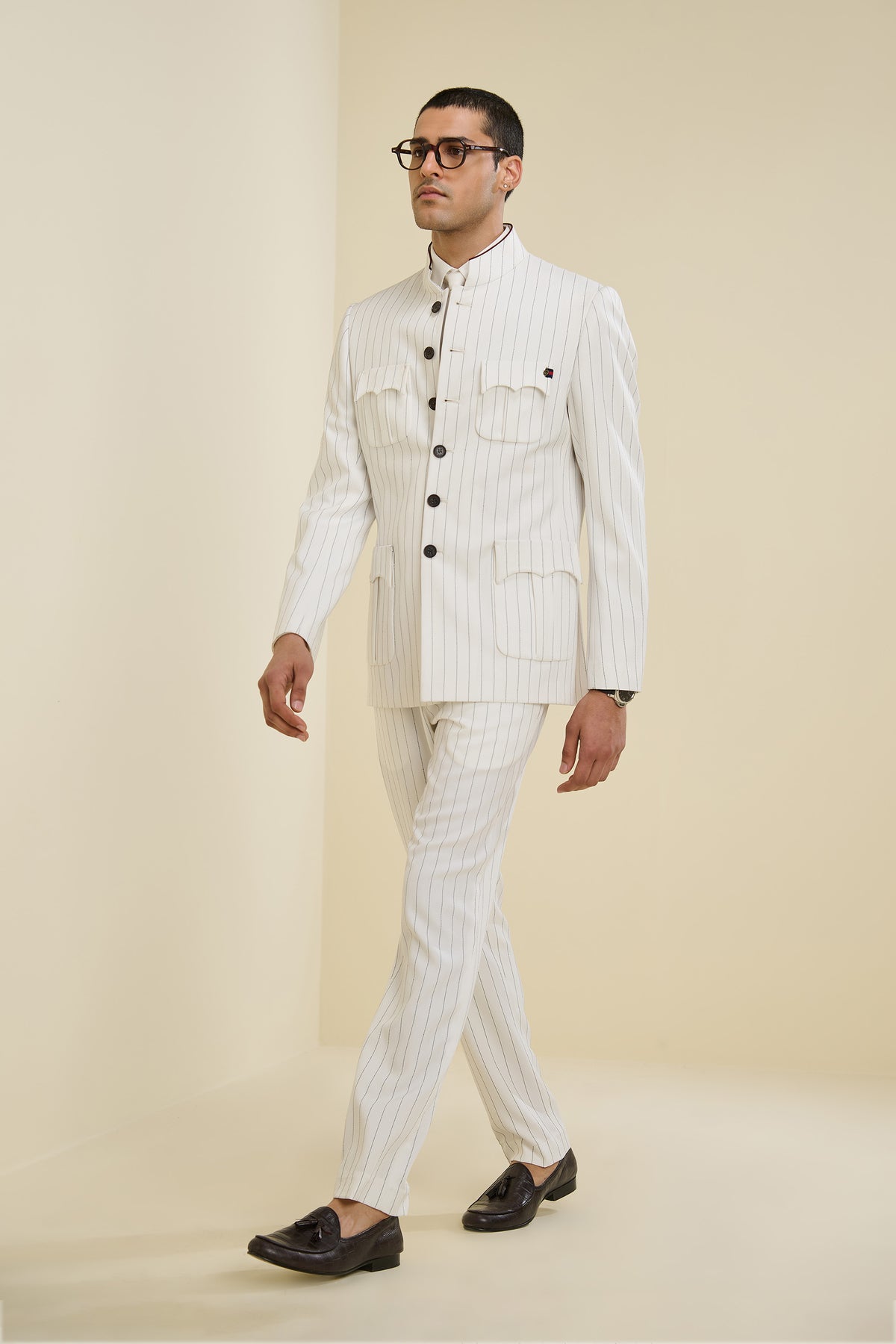 Off White Pinstriped Bandhgala