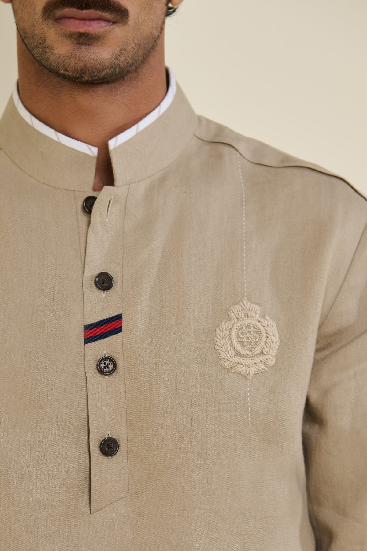 Beige Linen Crested Kurta