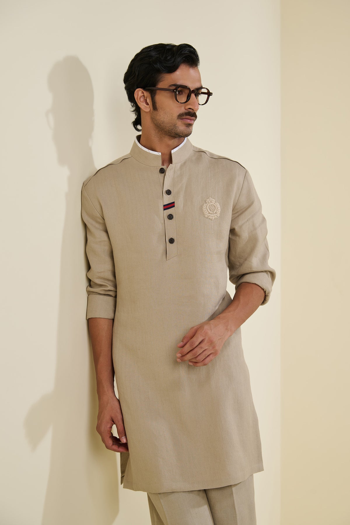 Beige Linen Crested Kurta