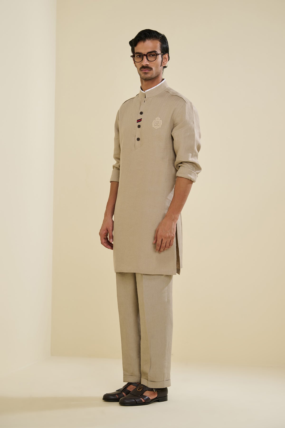 Beige Linen Crested Kurta