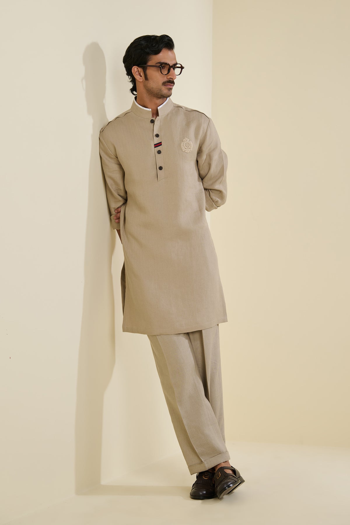 Beige Linen Crested Kurta