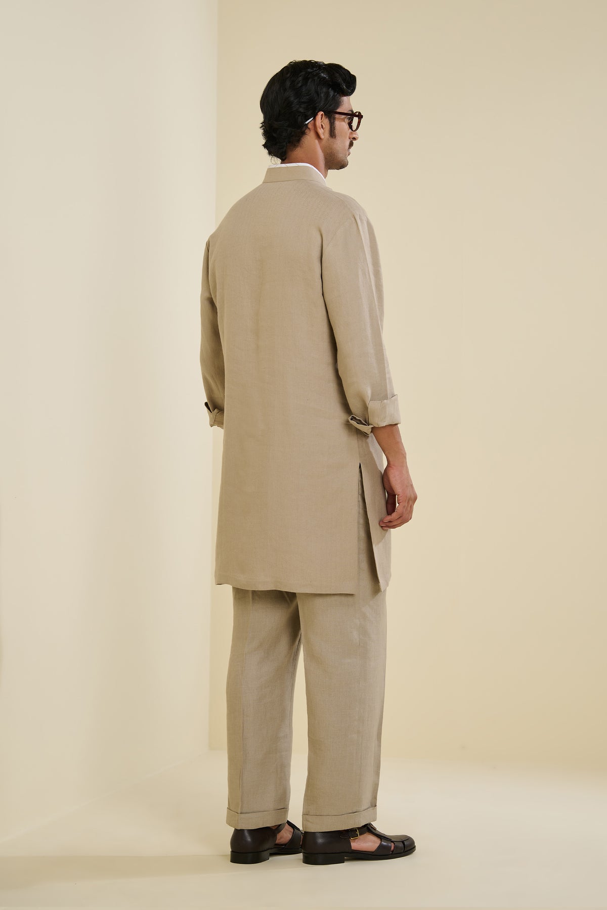 Beige Linen Crested Kurta