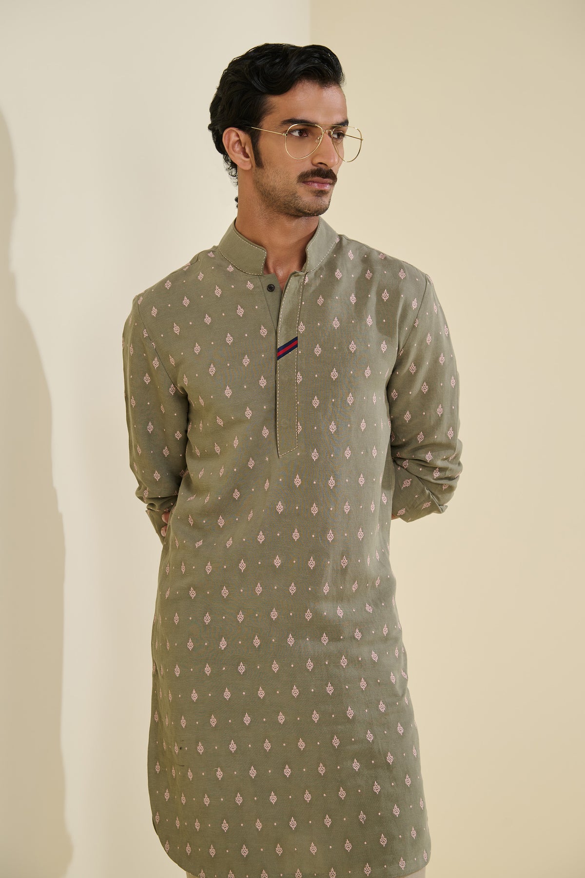 Sage Linen Kurta with Motifs