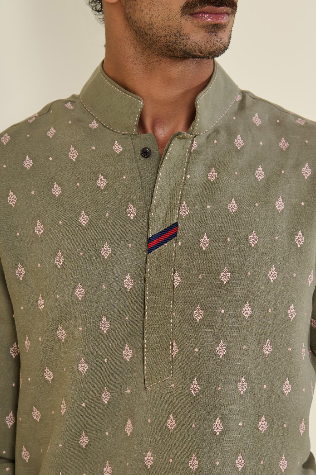 Sage Linen Kurta with Motifs