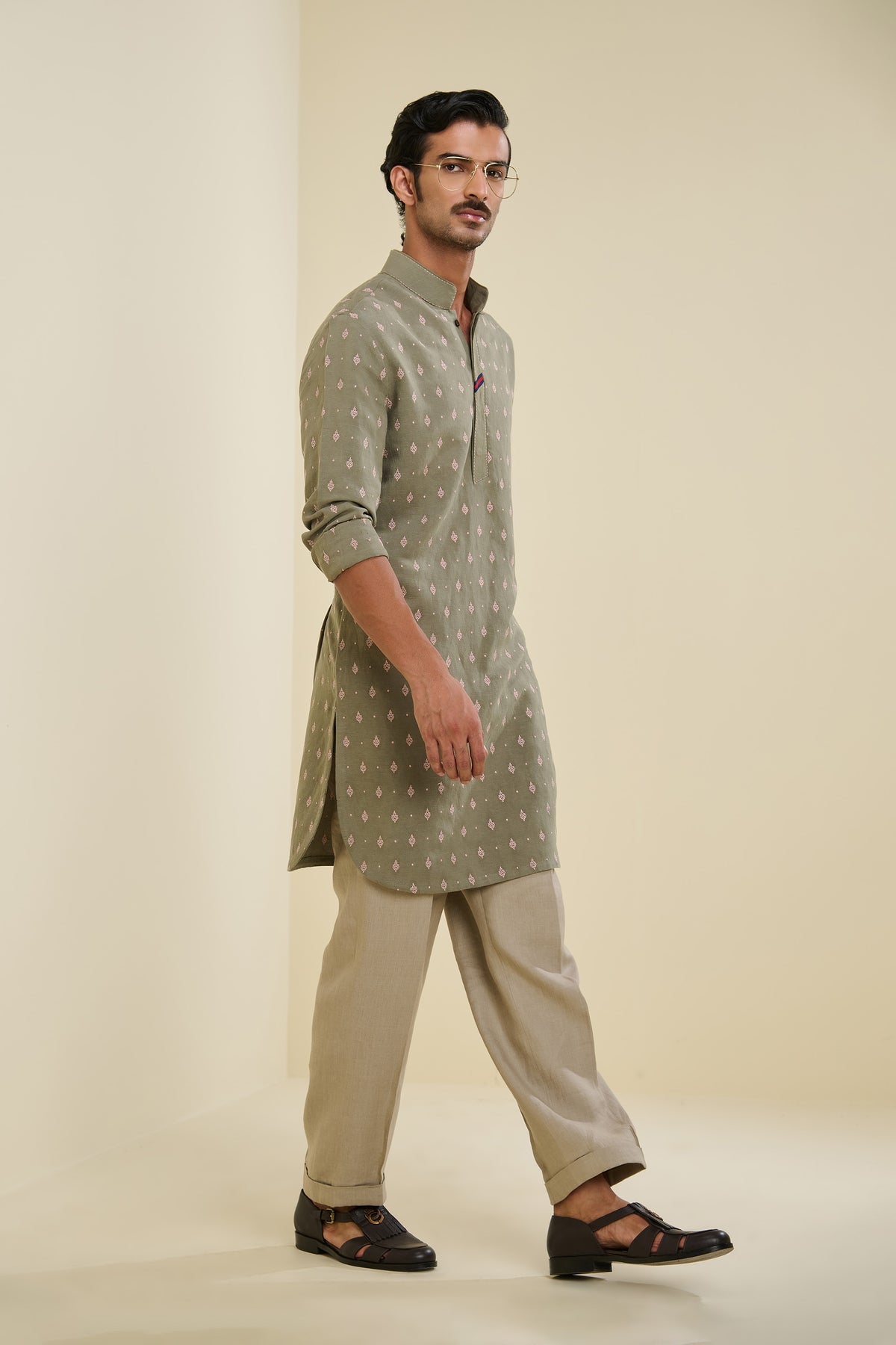 Sage Linen Kurta with Motifs