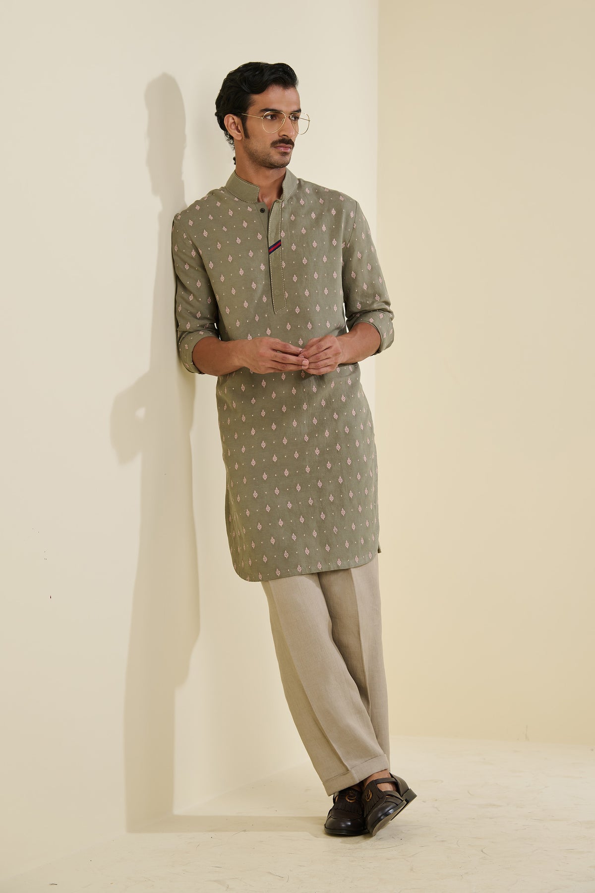 Sage Linen Kurta with Motifs