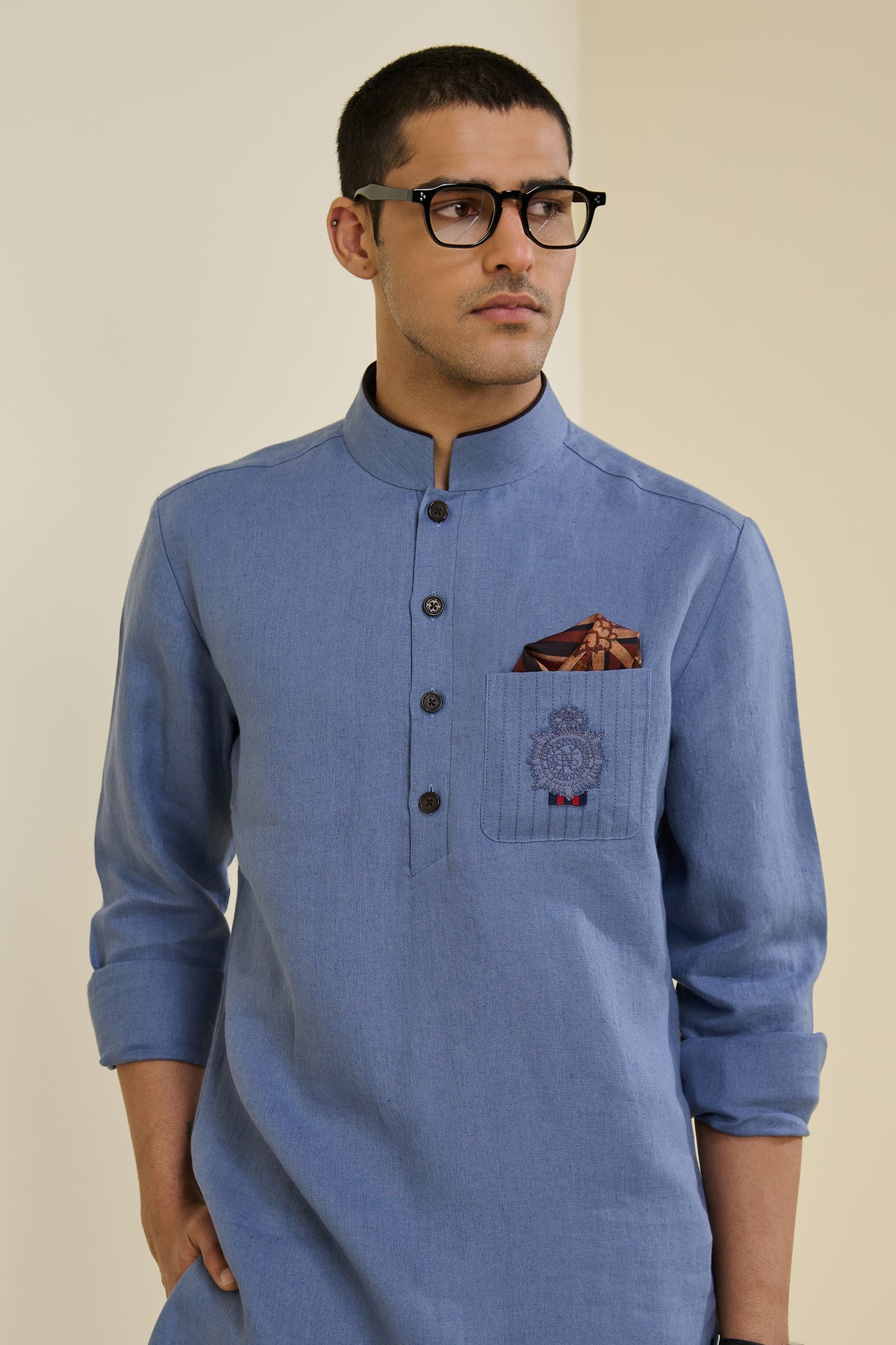 Blue Linen Crested Kurta