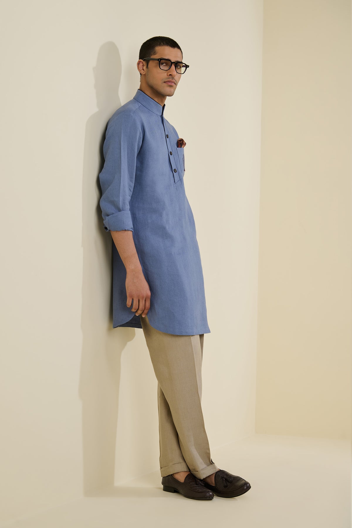 Blue Linen Crested Kurta